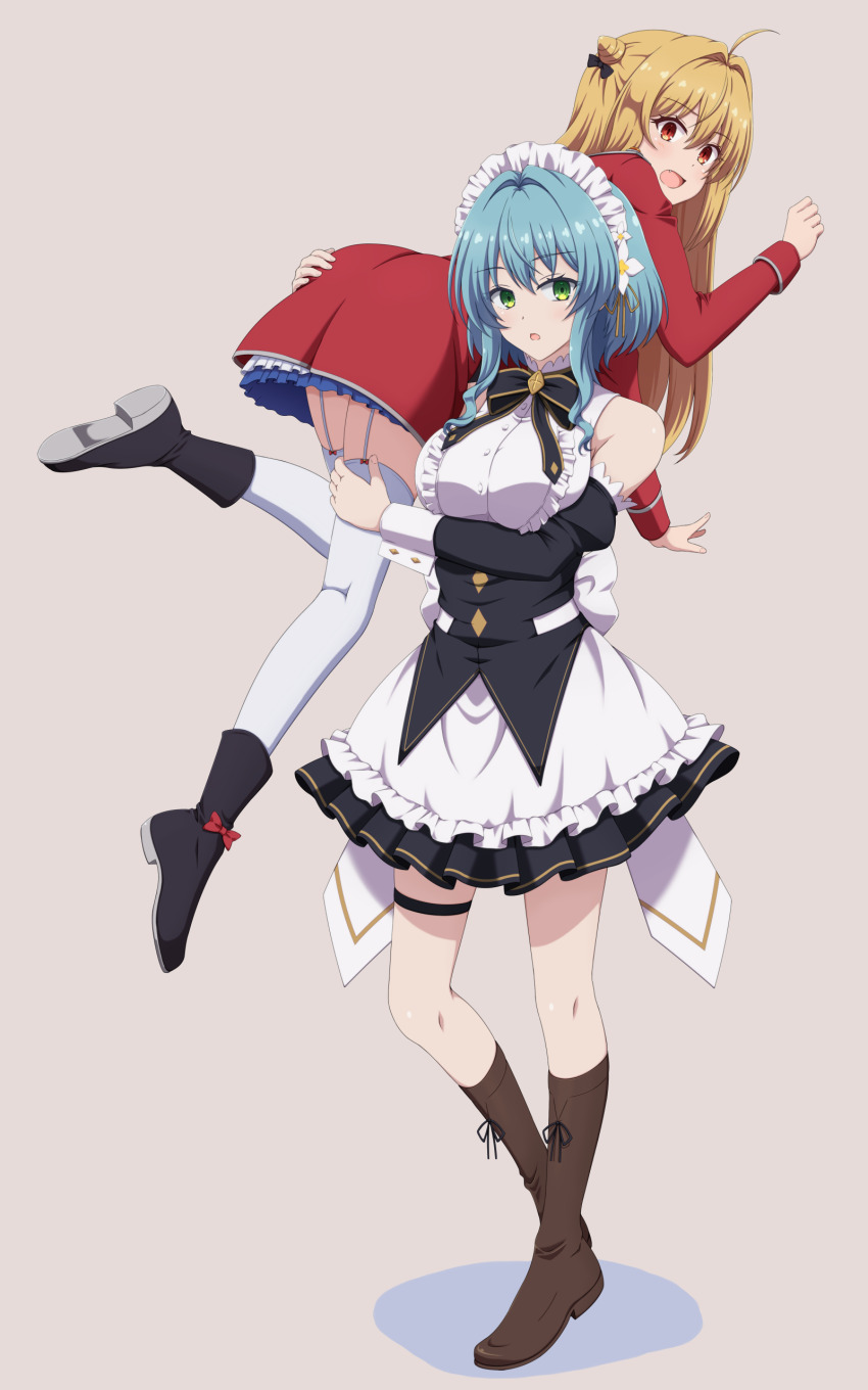 2girls absurdres ahoge black_boots blonde_hair blue_hair boots breasts brown_boots carrying carrying_over_shoulder carrying_person cone_hair_bun detached_sleeves dress full_body garter_straps green_eyes hair_bun hair_intakes highres hikikomari_kyuuketsuki_no_monmon ishida_seito knee_boots large_breasts looking_back maid maid_headdress master_and_servant multiple_girls open_mouth parted_lips red_dress red_eyes sidelocks simple_background standing terakomari_gandezblood thigh_strap thighhighs villhaze white_garter_straps white_thighhighs