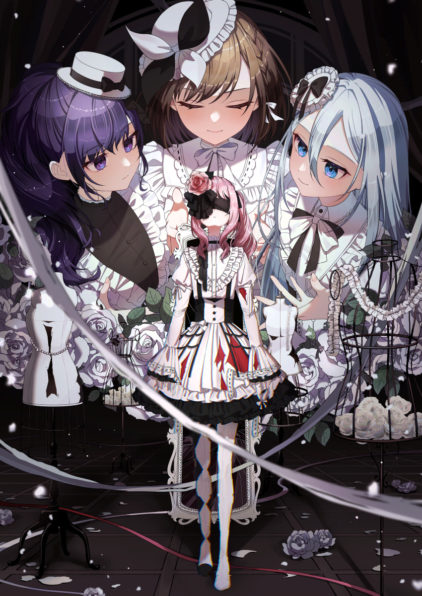 1other 25-ji_nightcord_de._(project_sekai) 3girls absurdres akiyama_mizuki androgynous asahina_mafuyu asymmetrical_legwear bake_no_hana_(vocaloid) black_bow black_shirt blindfold blue_eyes bow braid broken_mirror brown_hair closed_eyes collar commentary_request covered_eyes dress flower frilled_collar frilled_dress frilled_sleeves frills full_body glitch grey_hair hair_between_eyes hair_flower hair_ornament hat highres juliet_sleeves layered_dress long_hair long_sleeves mannequin mini_hat mini_top_hat mirror multiple_girls official_alternate_costume pantyhose pink_flower pink_hair project_sekai puffy_sleeves purple_eyes purple_hair pursed_lips rn. shinonome_ena shirt short_hair side_ponytail sidelocks sleeves_past_wrists standing swept_bangs top_hat white_bow white_pantyhose yoisaki_kanade