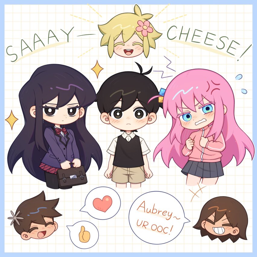 +++ 2girls 4boys ^_^ anger_vein angry antenna_hair arms_at_sides aubrey_(faraway)_(omori) aubrey_(omori) bag basil_(faraway)_(omori) basil_(omori) black_eyes black_hair black_pantyhose black_sweater_vest blonde_hair blue_border blue_eyes blush bocchi_the_rock! border bright_pupils brother_and_sister brothers brown_bag brown_hair brown_shorts chibi chibi_only clenched_hands clenched_teeth closed_eyes closed_mouth collared_shirt colored_eyelashes commentary cosplay cropped_legs cube_hair_ornament diagonal-striped_clothes diagonal-striped_skirt english_commentary english_text flower flying_sweatdrops gotoh_hitori gotoh_hitori_(cosplay) grey_skirt grid_background grin hair_behind_ear hair_between_eyes hair_flower hair_ornament heart hero_(faraway)_(omori) hero_(omori) highres holding holding_bag jacket kel_(faraway)_(omori) kel_(omori) komi-san_wa_komyushou_desu komi_shouko komi_shouko_(cosplay) long_hair long_sleeves looking_at_viewer mari_(faraway)_(omori) mari_(omori) miniskirt multiple_boys multiple_girls omori outside_border pantyhose pink_flower pink_track_suit pleated_skirt purple_jacket red_skirt rs_rouqiu shirt short_hair short_sleeves shorts siblings side_ahoge sidelocks simple_background single_sidelock skirt smile sparkle spoken_heart spoken_thumbs_up striped_clothes striped_skirt sunny_(omori) sweater_vest teeth v-shaped_eyebrows v_arms very_long_hair white_background white_pupils white_shirt