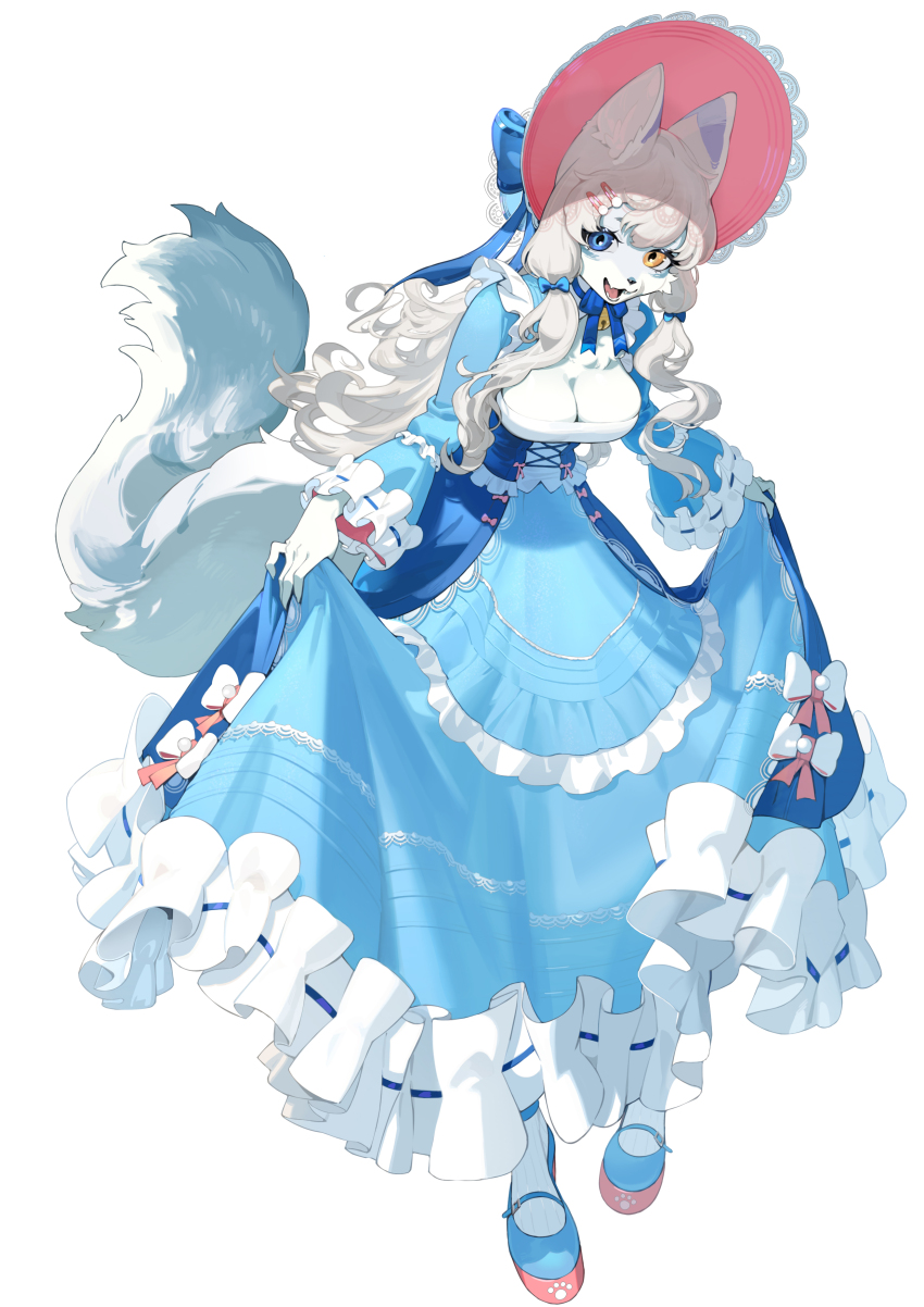 1girl absurdres animal_ears bell blue_bow blue_bowtie blue_dress blue_eyes blue_footwear bow bowtie breasts cleavage colored_skin corset dress dress_bow fangs fox_ears fox_girl fox_tail frilled_dress frilled_sleeves frills full_body furry furry_female hair_bow hair_ornament hairclip hat heterochromia highres long_hair looking_at_viewer low-tied_sidelocks mary_janes neck_bell open_mouth original shoes simple_background skirt_hold smile solo standing sun_hat tachi-e tail wavy_hair white_background white_hair white_skin wo_xuyao_jiashui yellow_eyes