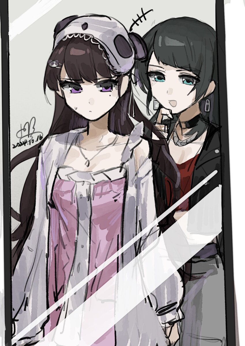 +++ 2girls bang_dream! bang_dream!_it&#039;s_mygo!!!!! black_choker black_hair black_jacket blue_eyes blush choker closed_mouth collarbone commentary dated dress earrings grey_skirt hand_up hashtag-only_commentary hat highres jacket jewelry long_hair looking_at_viewer medium_hair mirror mole mole_under_eye multiple_girls necklace nightcap open_clothes open_jacket open_mouth pink_dress purple_eyes red_shirt shiina_taki shirt signature skirt sweatdrop tok8505_(erica) yahata_umiri