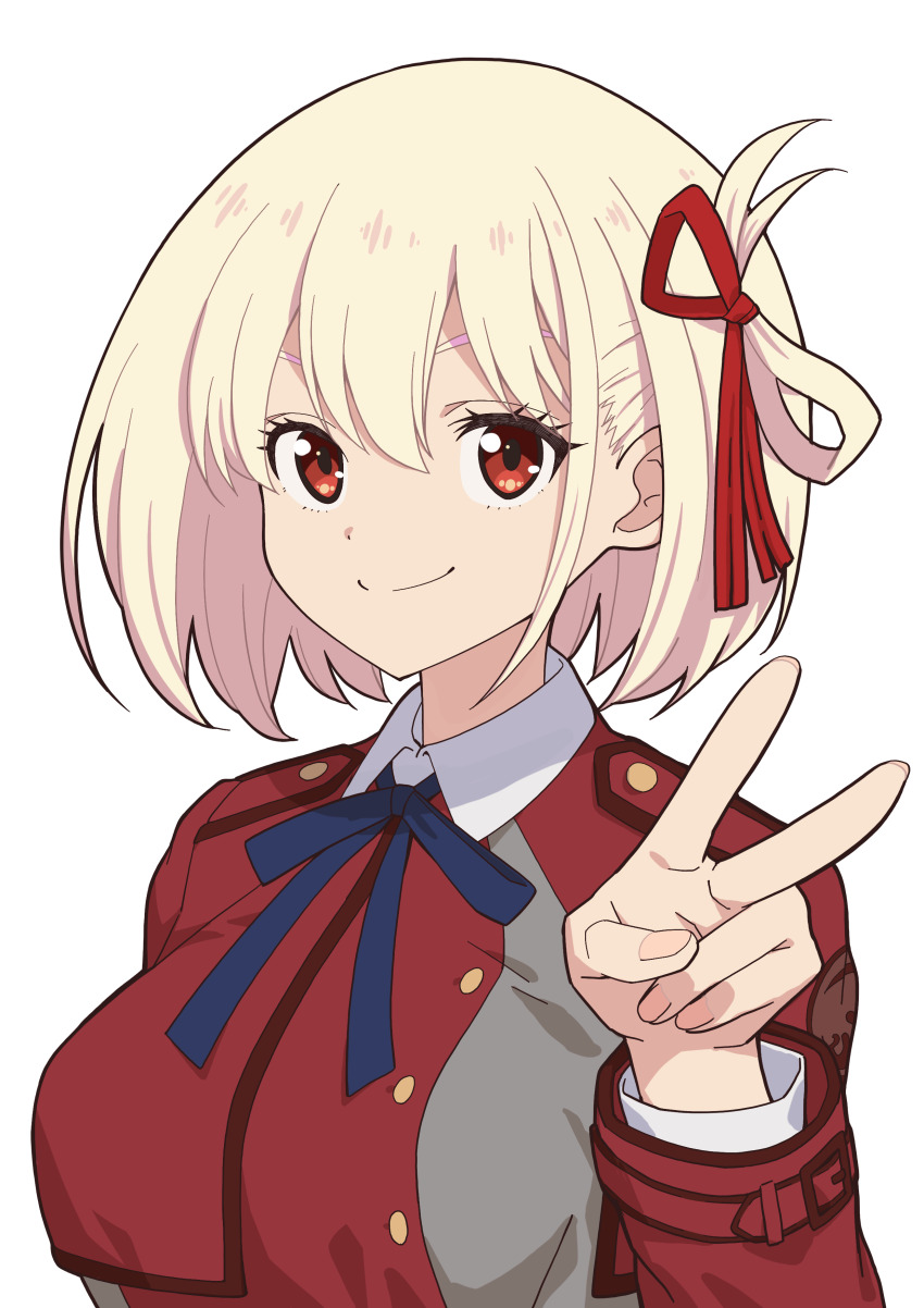 1girl absurdres blonde_hair blue_ribbon bob_cut breasts closed_mouth collared_shirt commentary dress hair_between_eyes hair_ribbon highres long_sleeves looking_at_viewer lycoris_recoil lycoris_uniform medium_breasts neck_ribbon nishikigi_chisato one_side_up red_dress red_eyes red_ribbon ribbon shirt short_hair simple_background smile solo somasoutaro upper_body white_background white_shirt