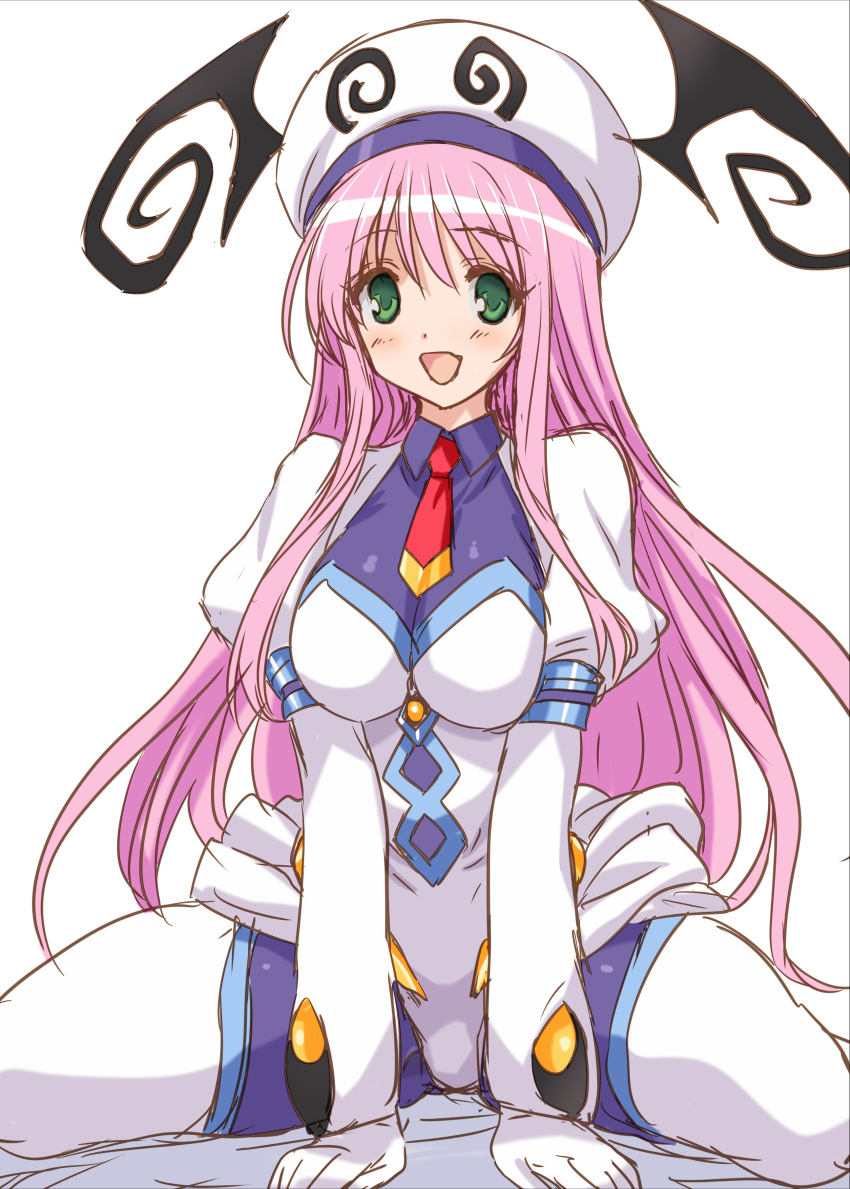 1girl :d absurdres bodysuit breasts gloves green_eyes hat highres lala_satalin_deviluke large_breasts light_blush long_hair long_sleeves looking_at_viewer mitarashi_kousei necktie open_mouth pink_hair red_necktie simple_background sketch smile solo to_love-ru white_background white_bodysuit white_gloves white_hat winged_hat