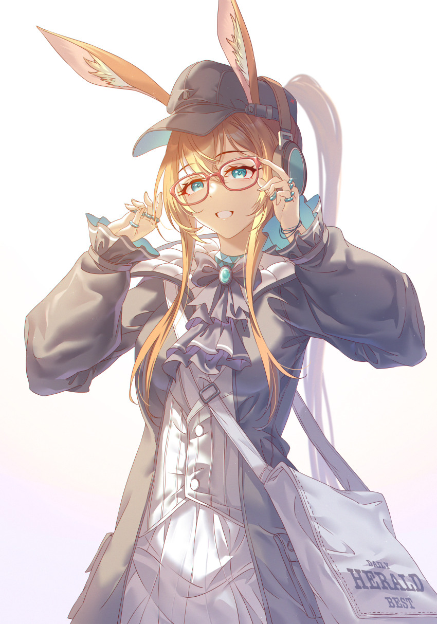 1girl :d absurdres amiya_(arknights) amiya_(newsgirl)_(arknights) animal_ear_fluff animal_ears arknights bag baseball_cap black_hat black_jacket brown_hair chinese_commentary commentary_request ears_through_headwear glasses gradient_background grin hair_between_eyes hands_up hat headphones highres innoarukugyou jacket jewelry long_hair long_sleeves looking_at_viewer open_clothes open_jacket open_mouth pink_background pleated_skirt ponytail puffy_long_sleeves puffy_sleeves rabbit_ears red-framed_eyewear ring shirt shoulder_bag skirt sleeves_past_wrists smile solo very_long_hair white_background white_shirt white_skirt