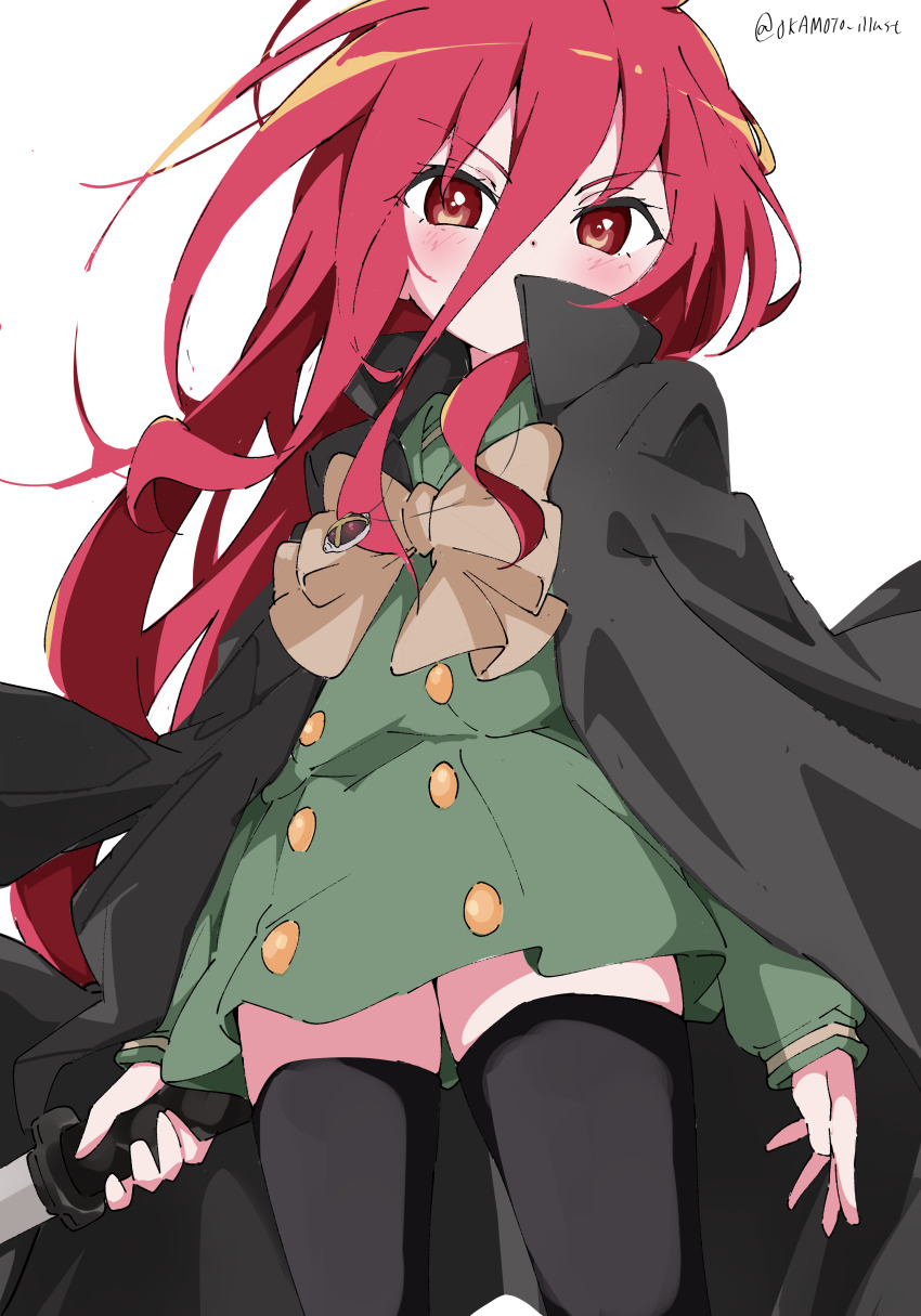 1girl absurdres alastor_(shakugan_no_shana) black_thighhighs blush bow coat green_serafuku highres holding holding_sword holding_weapon katana long_hair long_sleeves red_eyes red_hair school_uniform serafuku shakugan_no_shana shana solo sword thighhighs trench_coat weapon white_gorilla_(okamoto)