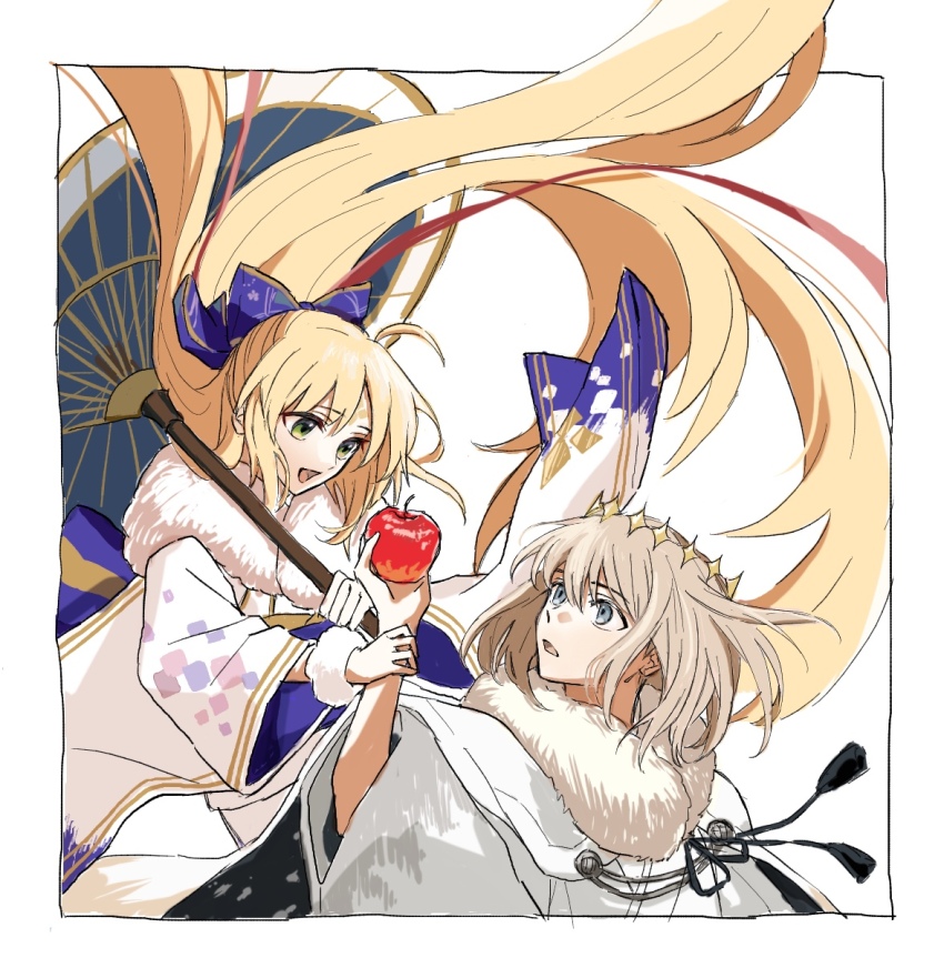 1boy 1girl ahoge apple arilry artoria_caster_(fate) artoria_caster_(swimsuit_berserker)_(fate) artoria_pendragon_(fate) blonde_hair blue_bow blue_eyes bow fate/grand_order fate_(series) food fruit fur_trim green_eyes hair_bow highres long_hair oberon_(fate) open_mouth red_hair twintails white_background