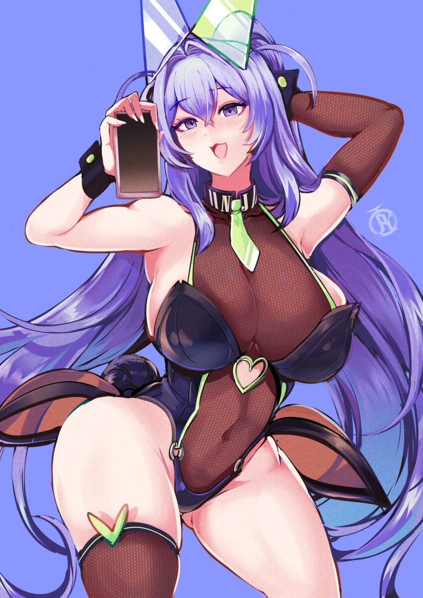 1girl arm_behind_head azur_lane black_thighhighs blue_background blue_hair breasts cellphone clothing_cutout covered_navel crossed_bangs fishnet_gloves fishnet_leotard fishnet_thighhighs fishnets gloves gluteal_fold green_necktie groin hair_intakes hands_up heart_cutout highres holding holding_phone huge_breasts leotard necktie new_jersey_(azur_lane) parted_lips phone purple_eyes revolverwing simple_background single_thighhigh smartphone solo thighhighs