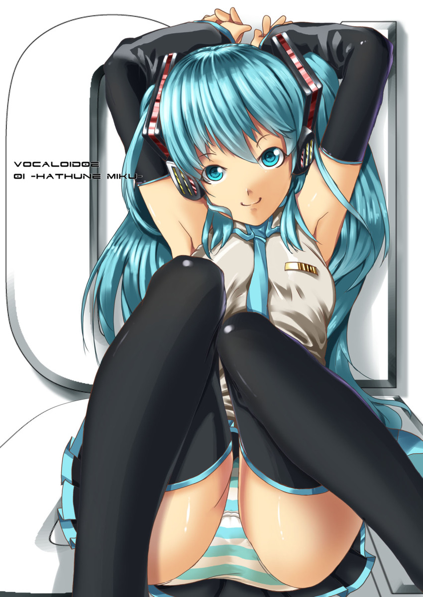 1girl aqua_eyes aqua_hair arms_up detached_sleeves female_focus hatsune_miku highres kimmt necktie paintedmike panties pantyshot sitting skirt smile solo striped_clothes striped_panties thighhighs underwear vocaloid