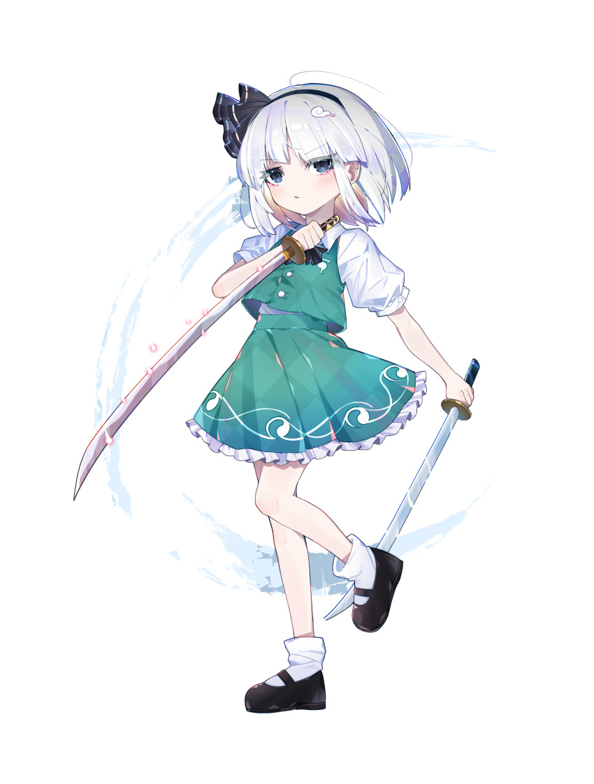 1girl absurdres black_hairband blue_eyes commentary dual_wielding green_vest grey_hair hairband highres hitodama_print holding holding_sword holding_weapon katana konpaku_youmu leg_up mary_janes multiple_swords shirt shoes sia_6767 skirt skirt_set socks solo sword touhou unsheathed vest weapon white_shirt white_socks