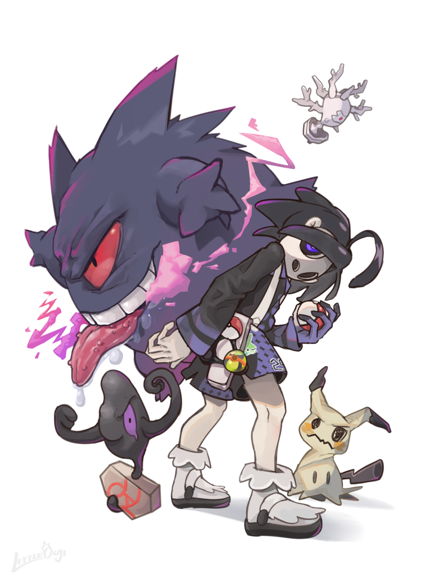 1boy absurdres ahoge allister_(pokemon) black_hair collared_shirt commentary creatures_(company) cursola galarian_form galarian_yamask game_freak gen_1_pokemon gen_7_pokemon gen_8_pokemon gengar gloves grey_footwear gym_leader highres holding holding_poke_ball hunched_over knees little_ouji long_sleeves looking_at_viewer looking_to_the_side male_focus mask mimikyu nintendo partially_fingerless_gloves poke_ball poke_ball_(basic) pokemon pokemon_(creature) pokemon_swsh purple_eyes saliva shirt shoes short_hair shorts single_glove standing suspender_shorts suspenders tongue tongue_out white_background