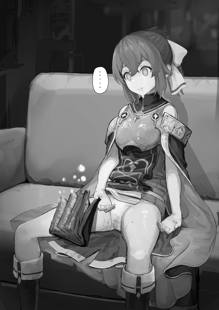 absurdres aftersex bad_tag book boots breasts cape cum cum_in_mouth cum_on_body cum_on_breasts cum_on_clothes cum_on_upper_body delthea_(fire_emblem) female_focus fire_emblem fire_emblem_echoes:_shadows_of_valentia greyscale hair_ribbon highres long_hair magic monochrome nintendo panties ponytail ribbon saliva sequence sitting smile solo spread_legs tagme underwear yomogi_(mayonaka_030)