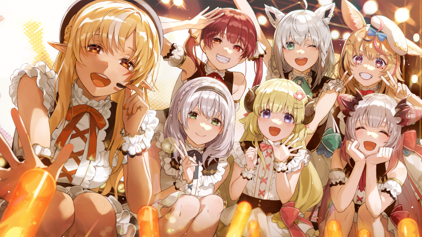 6+girls :d ;d ^_^ absurdres ahoge animal_ears arm_garter arm_up asymmetrical_hair beret black_hair blonde_hair blue_bow blush bow bowtie braid breasts closed_eyes closed_mouth commentary concert cone_hair_bun cowboy_shot dark-skinned_female dark_skin double_bun double_v dress earpiece facepaint fox_ears fox_girl frilled_dress frills glowstick green_eyes grey_hair grin hair_between_eyes hair_bow hair_bun hair_ornament hair_ribbon hairband hairclip hands_on_own_chin hat head_rest heart heart-shaped_pupils heterochromia highres hololive honey_strap horns houshou_marine idol kotatiyu lens_flare lips long_hair looking_at_viewer medium_breasts multicolored_hair multiple_girls nanashi_inc. neck_ribbon necktie official_alternate_costume omaru_polka one_eye_closed open_hand open_mouth orange_bow orange_bowtie orange_eyes pink_bow pink_bowtie pink_hair pointy_ears pov purple_eyes red_bow red_bowtie red_eyes red_hair red_necktie red_ribbon ribbon sheep_ears sheep_girl sheep_horns shirakami_fubuki shiranui_flare shirogane_noel short_hair side-by-side side_braid single_braid sleeveless sleeveless_dress small_breasts smile squatting stage stage_lights streaked_hair suou_patra symbol-shaped_pupils teeth tsunomaki_watame twintails v virtual_youtuber waving white_dress white_hair white_ribbon wrist_cuffs yellow_eyes