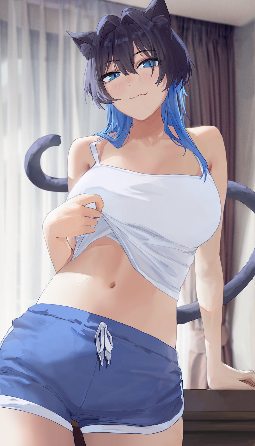 1girl absurdres animal_ears black_hair blue_eyes blue_hair blue_shorts camisole cat_ears cat_girl cat_tail closed_mouth clothes_lift curtains dolphin_shorts highres hololive hololive_english indoors long_hair looking_at_viewer multicolored_hair navel ouro_kronii shirt_lift short_shorts shorts solo tail two-tone_hair virtual_youtuber white_camisole yoellim5