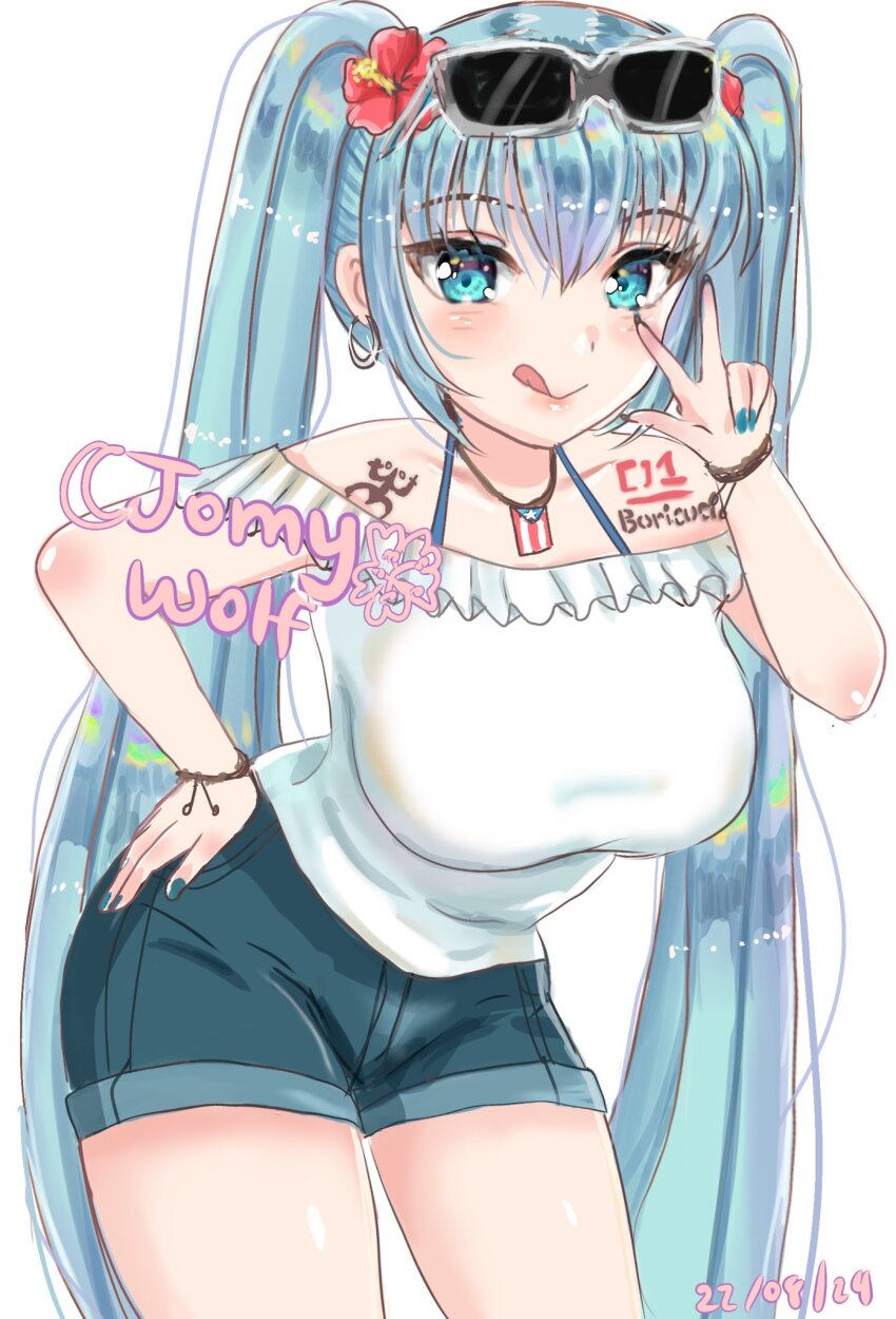 1girl artist_name bare_shoulders blue_eyes blue_hair blue_nails blue_shorts blush breasts covered_navel dated earrings eyewear_on_head hand_on_own_hip hatsune_miku highres jewelry jomyw large_breasts leaning_forward long_hair looking_at_viewer necklace off-shoulder_shirt off_shoulder puerto_rican_flag shirt shorts solo sunglasses tattoo tongue tongue_out very_long_hair vocaloid w white_shirt worldwide_miku