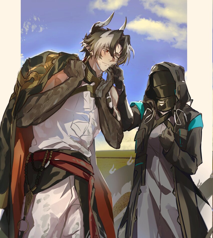 1boy 1girl absurdres arknights black_coat brown_hair chongyue_(arknights) coat coat_on_shoulders cowboy_shot dirty doctor_(arknights) dragon_boy dragon_horns dragon_tail female_doctor_(arknights) hand_on_another&#039;s_cheek hand_on_another&#039;s_face highres hood hood_up horns long_hair low_ponytail one_eye_closed outdoors pointy_ears red_eyes sleeveless slit_pupils smile tail walhee221