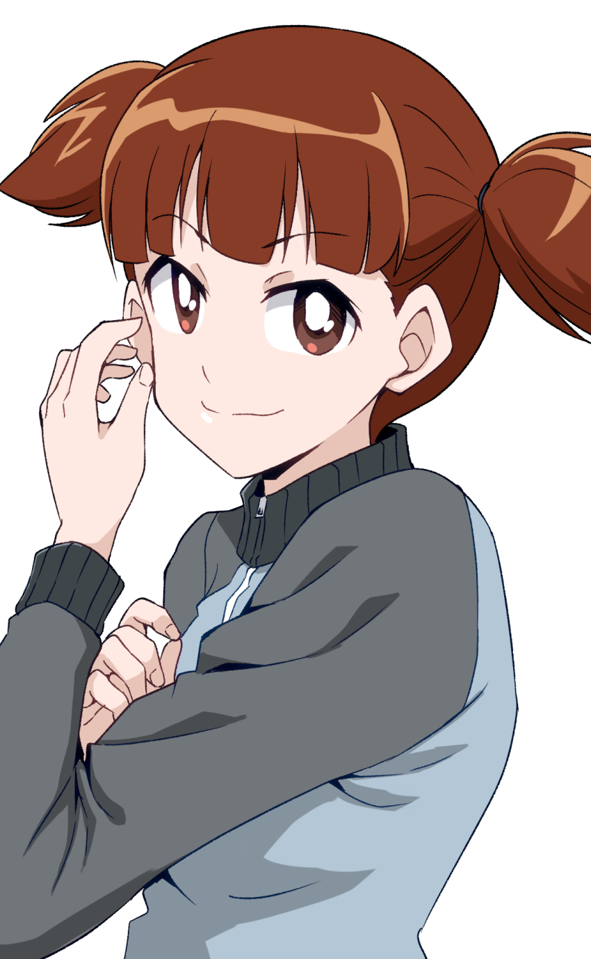 1girl blue_jacket blunt_bangs closed_mouth commentary girls_und_panzer hair_tie highres jacket keizoku_military_uniform long_sleeves looking_at_viewer mikko_(girls_und_panzer) military_uniform ponzu_rui raglan_sleeves red_eyes red_hair short_hair short_twintails simple_background smile solo track_jacket twintails upper_body white_background