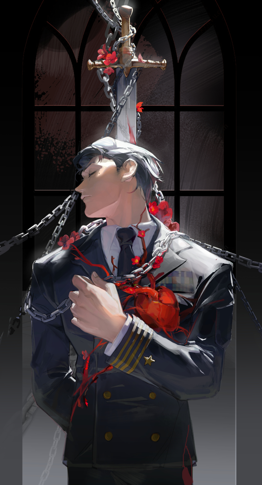 1boy absurdres arm_behind_back black_hair black_jacket black_necktie buttons chain chinese_commentary closed_eyes closed_mouth commentary_request cowboy_shot double-breasted expressionless flower hand_on_own_chest hand_up heart_(organ) highres jacket long_sleeves male_focus military_uniform mole mole_under_eye necktie profile red_flower remembrance_of_earth&#039;s_past sharkman shirt short_hair solo sword turning_head very_short_hair weapon white_shirt window zhang_beihai