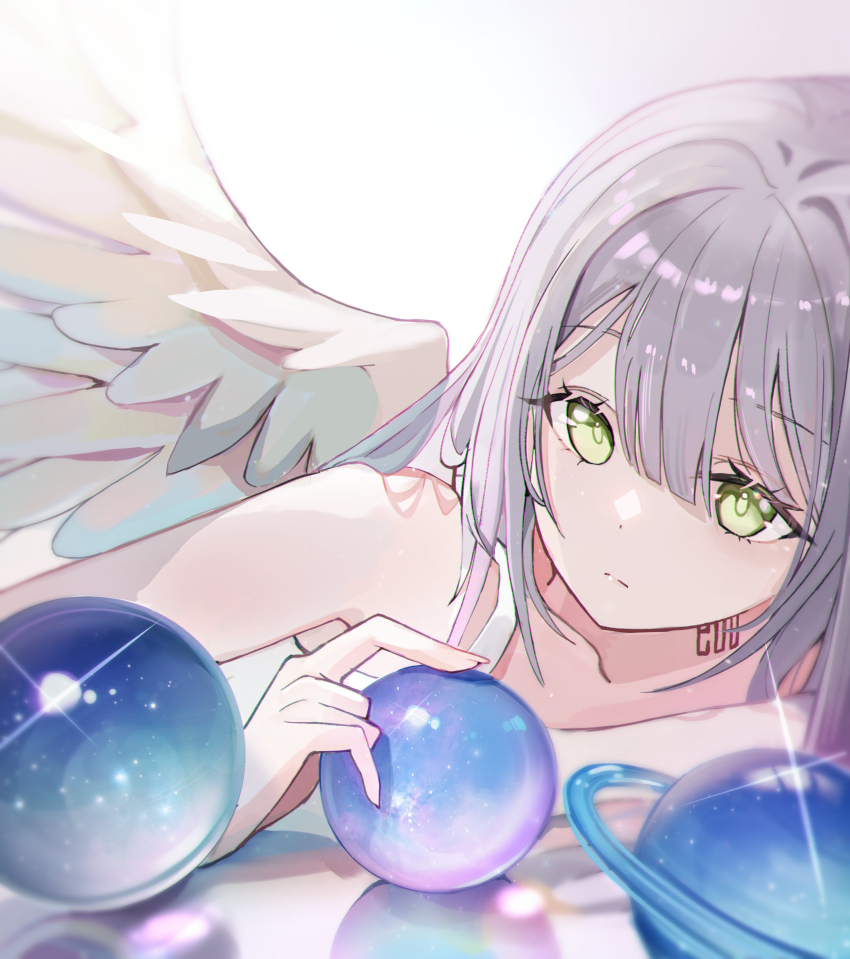 1girl absurdres bare_arms bare_shoulders closed_mouth collarbone comiket_104 commentary_request dress feathered_wings green_eyes grey_hair hair_between_eyes highres iren_lovel long_hair looking_at_viewer orb original planetary_ring sleeveless sleeveless_dress solo upper_body white_dress white_wings wings