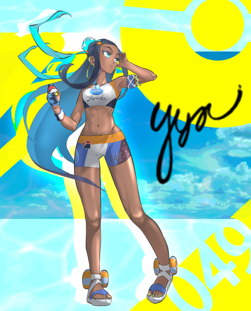 1girl adjusting_hair aqua_eyes armlet armpits artist_request bare_shoulders belly_chain bikini bikini_shorts black_hair breasts clenched_hands creatures_(company) dark-skinned_female dark_skin dynamax_band ear_piercing earrings eyelashes eyeshadow feet female_focus full_body game_freak gloves groin gym_leader hair_bun hair_ornament hands_up highres holding holding_poke_ball hoop_earrings jewelry legs long_hair looking_to_the_side makeup medium_breasts midriff multicolored_hair nail_polish neck necklace nessa_(pokemon) nintendo partially_fingerless_gloves piercing poke_ball poke_ball_symbol pokemon pokemon_swsh sandals serious shorts sidelocks signature single_glove standing streaked_hair swimsuit thighs toenail_polish toenails toes turning_head two-tone_hair water white_footwear