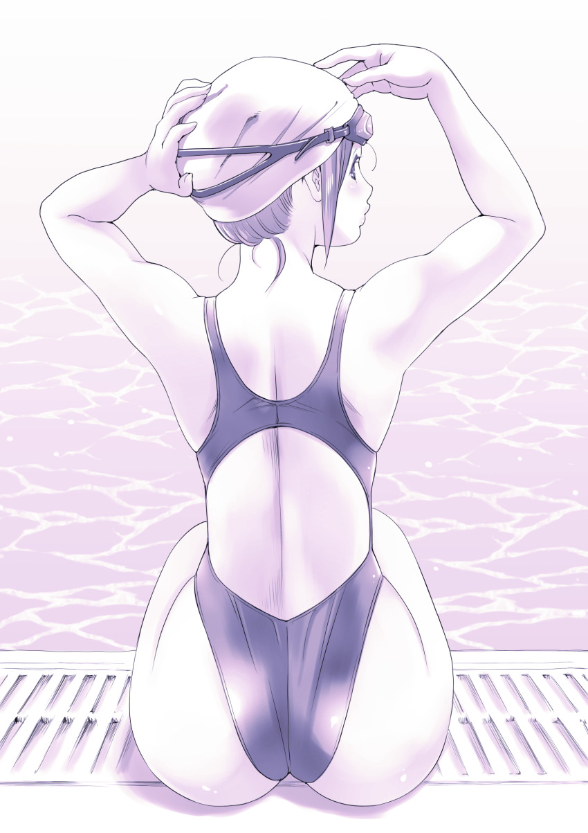 1girl absurdres ass ass_focus commentary_request competition_swimsuit from_behind goggles goggles_on_head highleg highleg_one-piece_swimsuit highres looking_at_viewer looking_back macosee monochrome one-piece_swimsuit original poolside purple_theme sidelocks sitting solo swim_cap swimsuit water