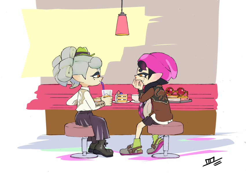 2girls absurdres alternate_costume bar_stool beanie black_hair cake cake_slice chair cup drinking earrings food grey_hair hands_on_own_face hat highres jacket jewelry ke_sarami leather leather_jacket looking_at_another mole mole_under_eye multiple_girls nintendo pantyhose skirt splatoon_(series) stool teacup unworn_eyewear