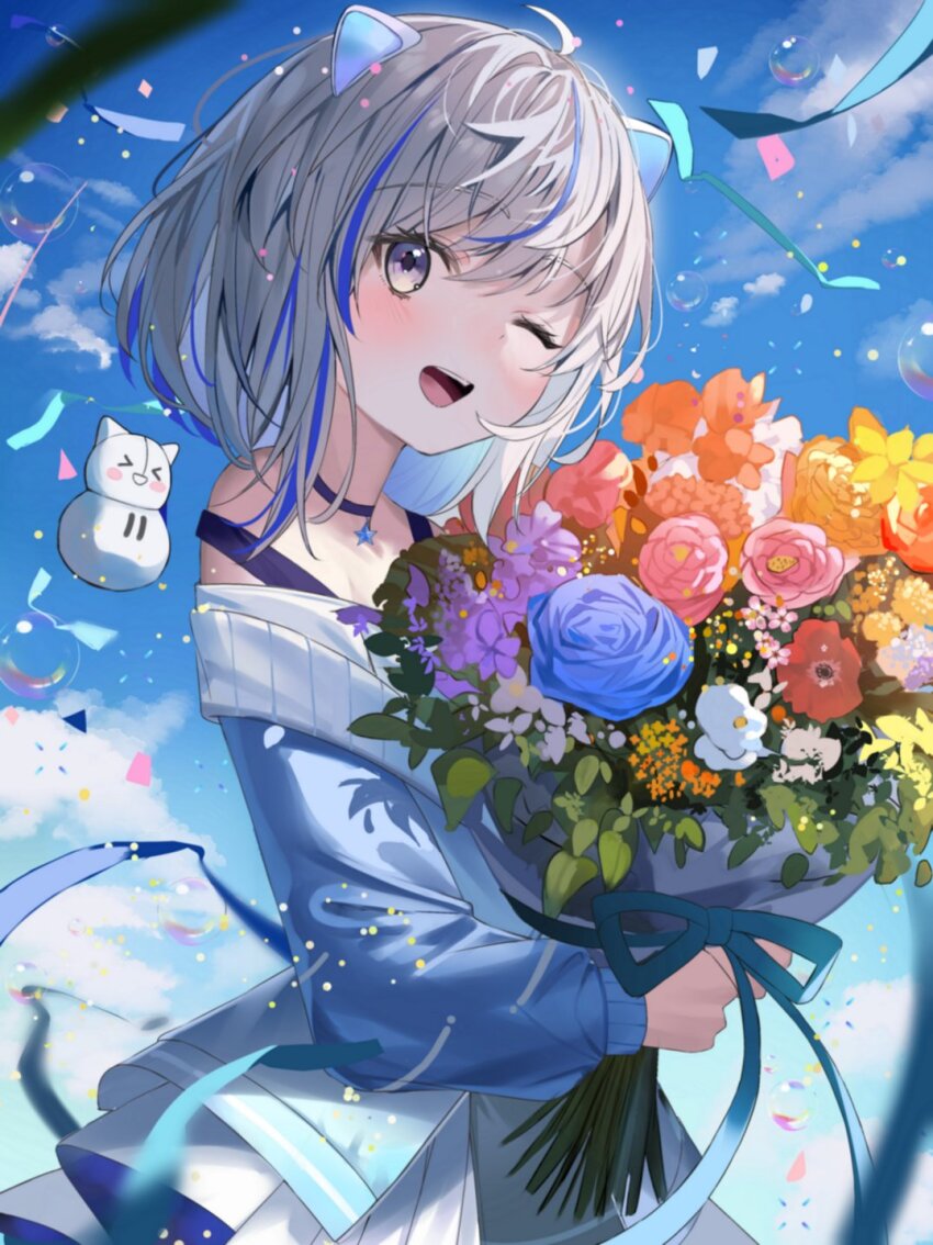 &gt;_&lt; 1girl :d ;d ahoge animal_ears aroa_(aroamoyasi) blue_flower blue_hair blue_jacket blue_sky blush bouquet ceeras_(iriam) choker closed_eyes cloud colored_inner_hair confetti flower gradient_hair grey_hair highres holding holding_bouquet iriam jacket miria_(iriam) multicolored_hair official_art one_eye_closed open_mouth orange_flower pink_flower purple_eyes purple_flower red_flower second-party_source sky smile solo star_(symbol) star_choker streamers teeth tongue upper_teeth_only white_flower yellow_flower