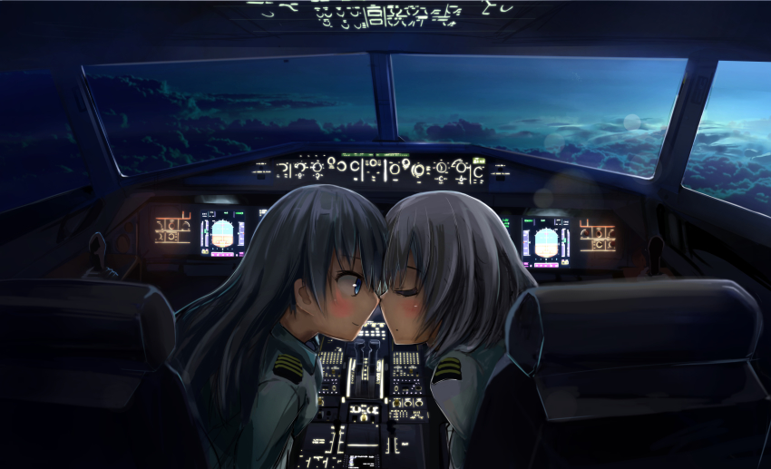 2girls airbus aircraft airplane airplane_interior bad_id bad_pixiv_id blue_eyes blush closed_eyes cloud cockpit controller couple eila_ilmatar_juutilainen flying highres imminent_kiss joystick kunkakunkakun long_hair looking_at_another multiple_girls noses_touching pilot pilot_uniform sanya_v._litvyak short_hair silver_hair sitting sky smile strike_witches twilight world_witches_series yuri