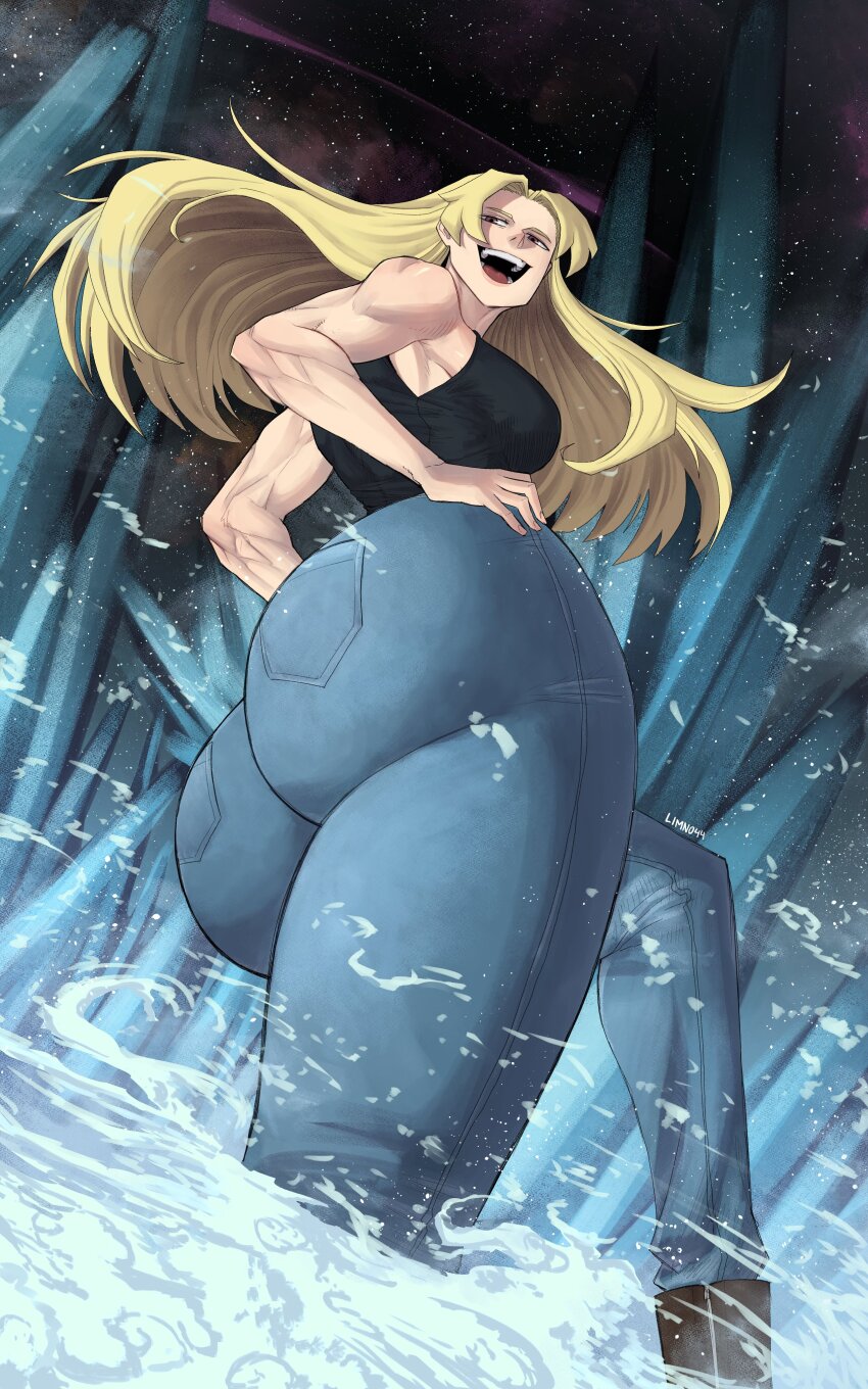 1girl absurdres artist_name ass black_shirt blonde_hair boots breasts brown_hair denim from_behind highres huge_ass jeans jujutsu_kaisen large_breasts limn044 long_hair looking_back night night_sky open_mouth pants shirt sky smile solo standing tsukumo_yuki_(jujutsu_kaisen)