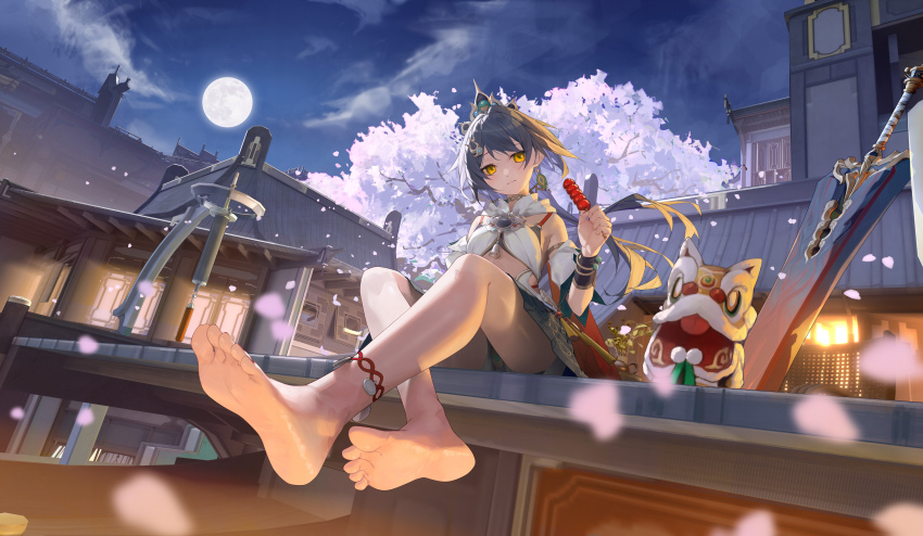 1girl absurdres barefoot black_hair blush dango feet food full_moon highres honkai:_star_rail honkai_(series) long_hair looking_at_viewer milomilo0 moon night soles sword toes wagashi weapon yellow_eyes yunli_(honkai:_star_rail)