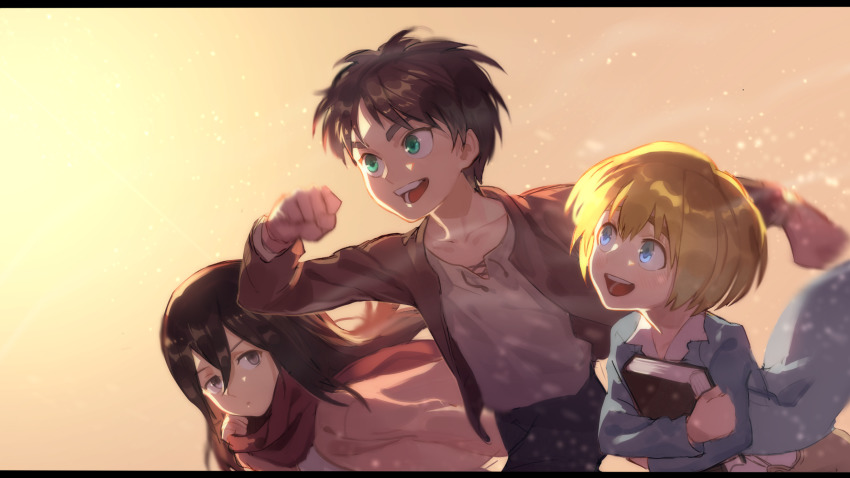 1girl 2boys aged_down armin_arlert black_eyes black_hair blonde_hair blue_eyes blue_jacket brown_jacket eren_yeager highres jacket letterboxed looking_ahead looking_at_another mikasa_ackerman multiple_boys pink_jacket red_scarf running scarf shingeki_no_kyojin smile uedrk_yamato