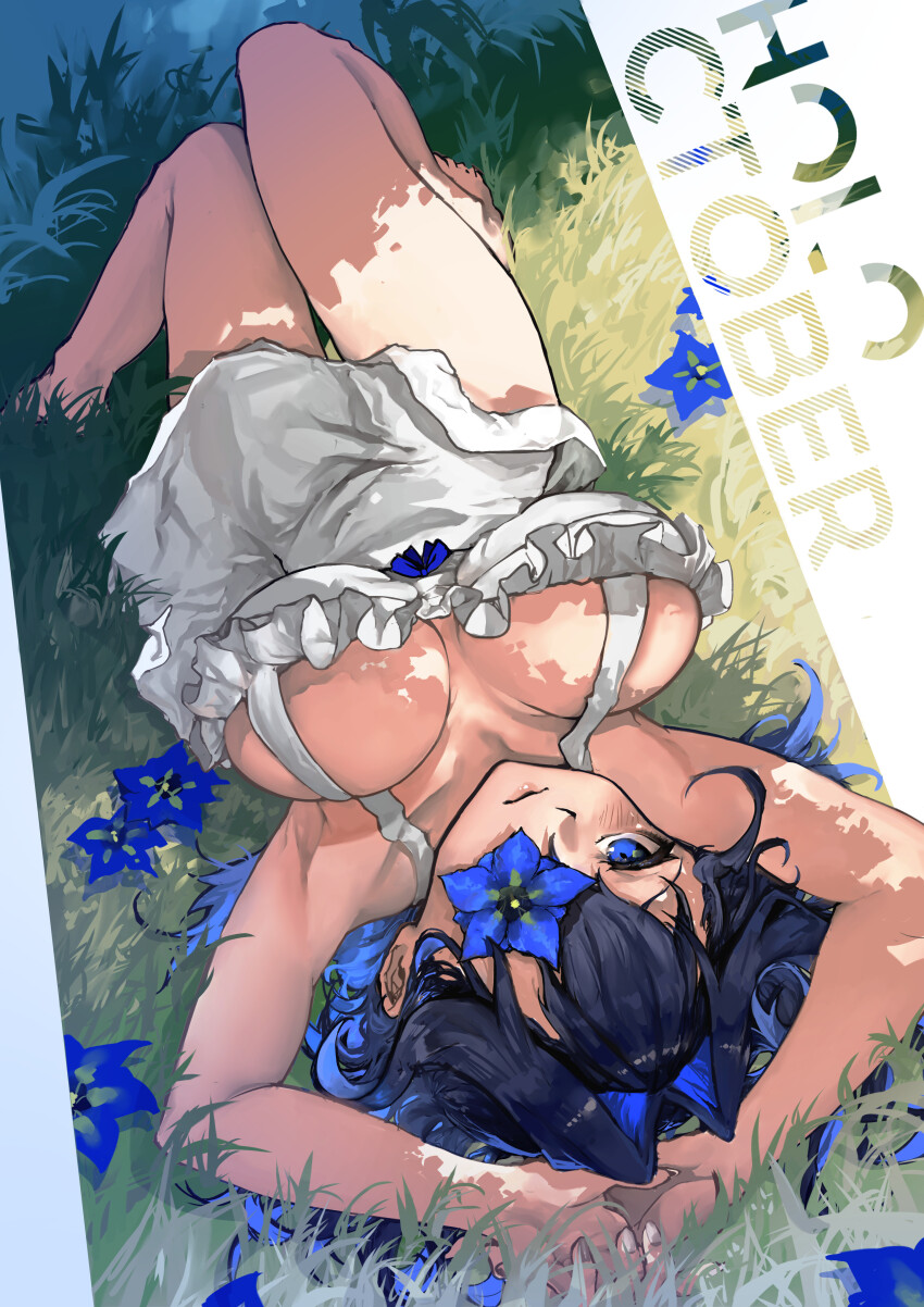 1girl absurdres armpits bare_arms bare_legs barefoot blue_bow blue_eyes blue_flower blue_hair bow breasts closed_mouth commentary dress english_commentary english_text flower flower_over_eye grass hair_intakes highres hololive hololive_english large_breasts long_hair looking_at_viewer lying on_back on_grass ouro_kronii outdoors revision solo sundress upside-down virtual_youtuber vyragami white_dress wolf_cut