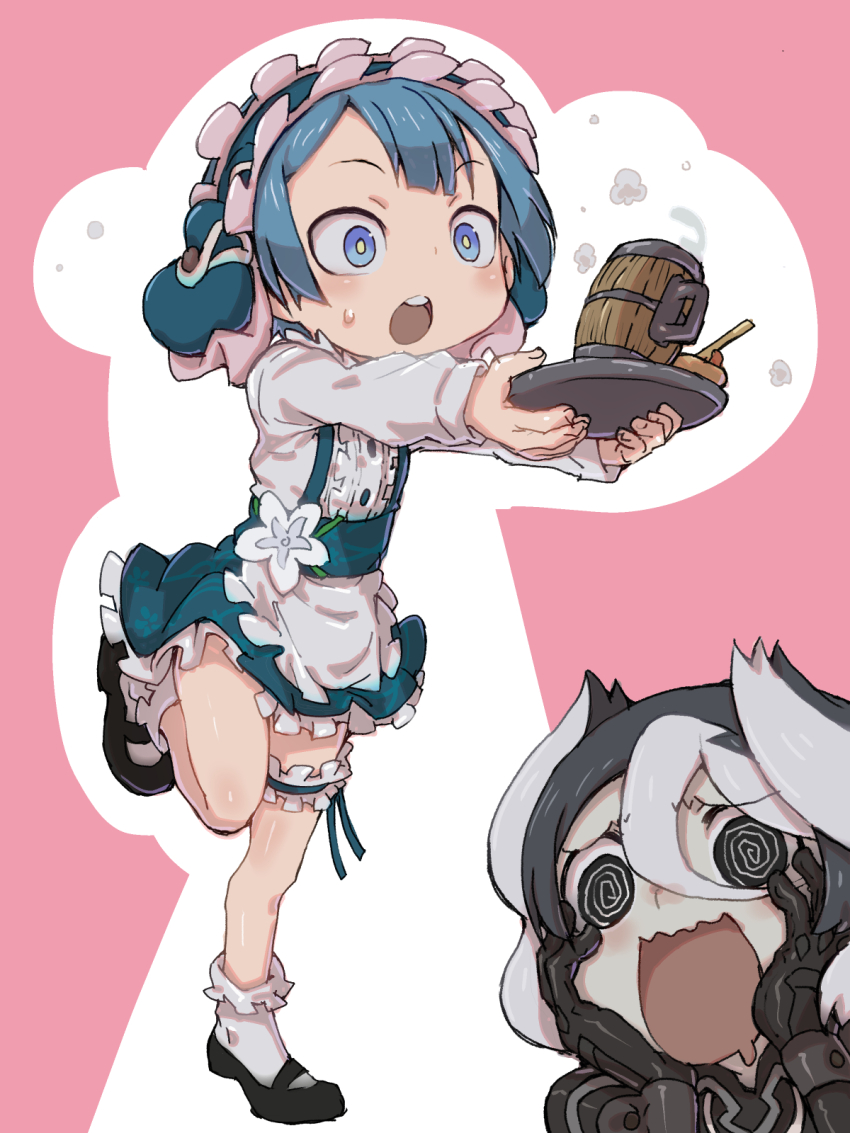 1boy 1girl :o @_@ apron beer_keg black_eyes black_footwear black_gloves black_hair blue_dress blue_eyes blue_hair blue_ribbon buttons dress drooling flower frilled_socks frills gloves hair_between_eyes hands_on_own_cheeks hands_on_own_face highres holding holding_plate leg_ribbon made_in_abyss maid maid_headdress maruruk multicolored_hair open_mouth ozen plate ribbon shirt short_hair small_sweatdrop socks solo_focus streaked_hair suspenders teeth thigh_ribbon trap upper_teeth_only wavy_mouth white_apron white_flower white_hair white_shirt white_socks ximu_shilang