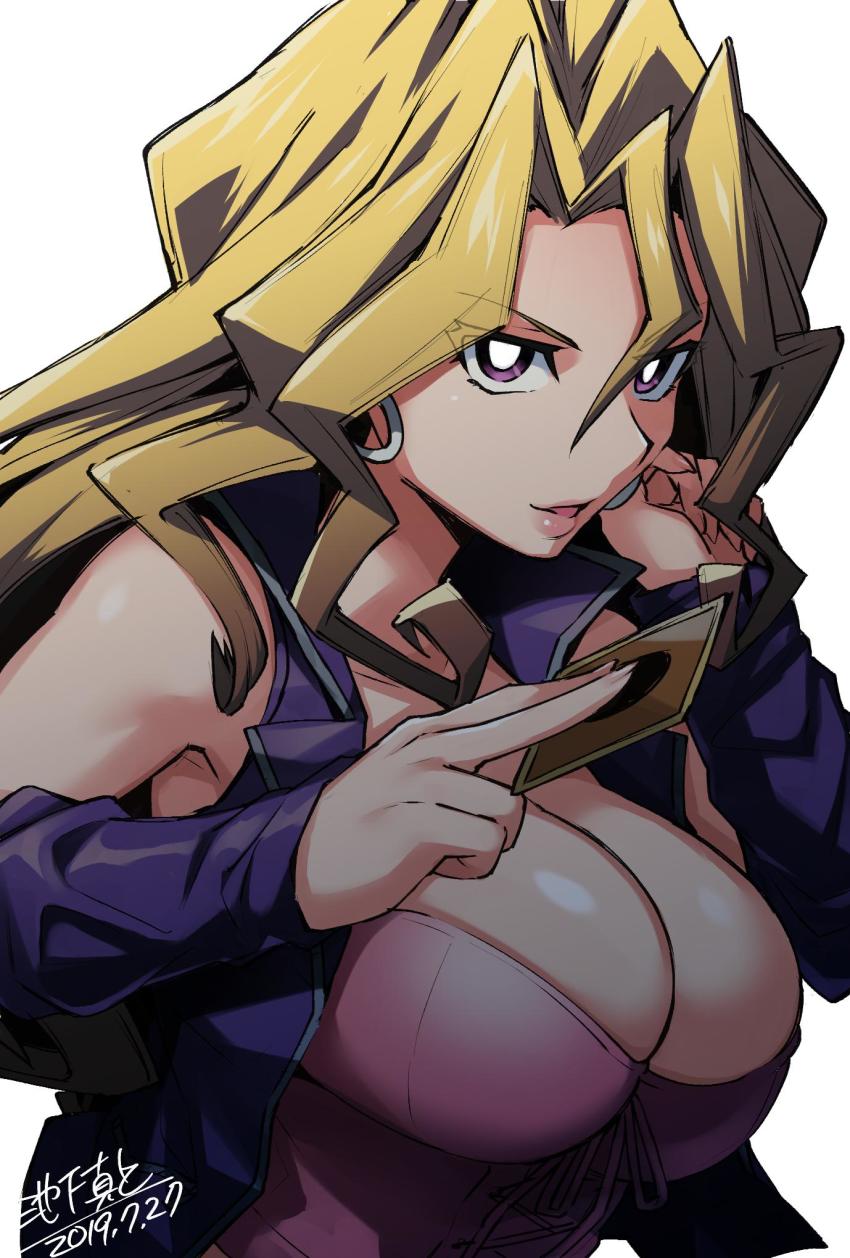 1girl 2019 bare_shoulders blonde_hair breasts card cleavage dated earrings half-closed_eyes highres ikeshita_moyuko jacket jewelry kujaku_mai large_breasts long_hair long_sleeves looking_at_viewer off_shoulder open_clothes open_mouth purple_eyes smile solo upper_body yu-gi-oh!