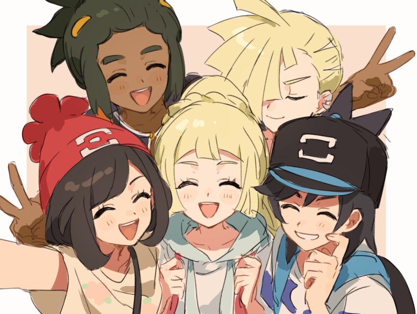 2girls 3boys black_hair black_hat blonde_hair closed_eyes closed_mouth creatures_(company) dark-skinned_male dark_skin double_v elio_(pokemon) facing_viewer fua1heyvot4ifsr game_freak gladion_(pokemon) group_picture hair_over_one_eye hat hau_(pokemon) highres lillie_(pokemon) long_hair multiple_boys multiple_girls nintendo open_mouth pokemon pokemon_sm ponytail red_hat selene_(pokemon) shirt short_hair short_sleeves upper_body v white_shirt yellow_shirt