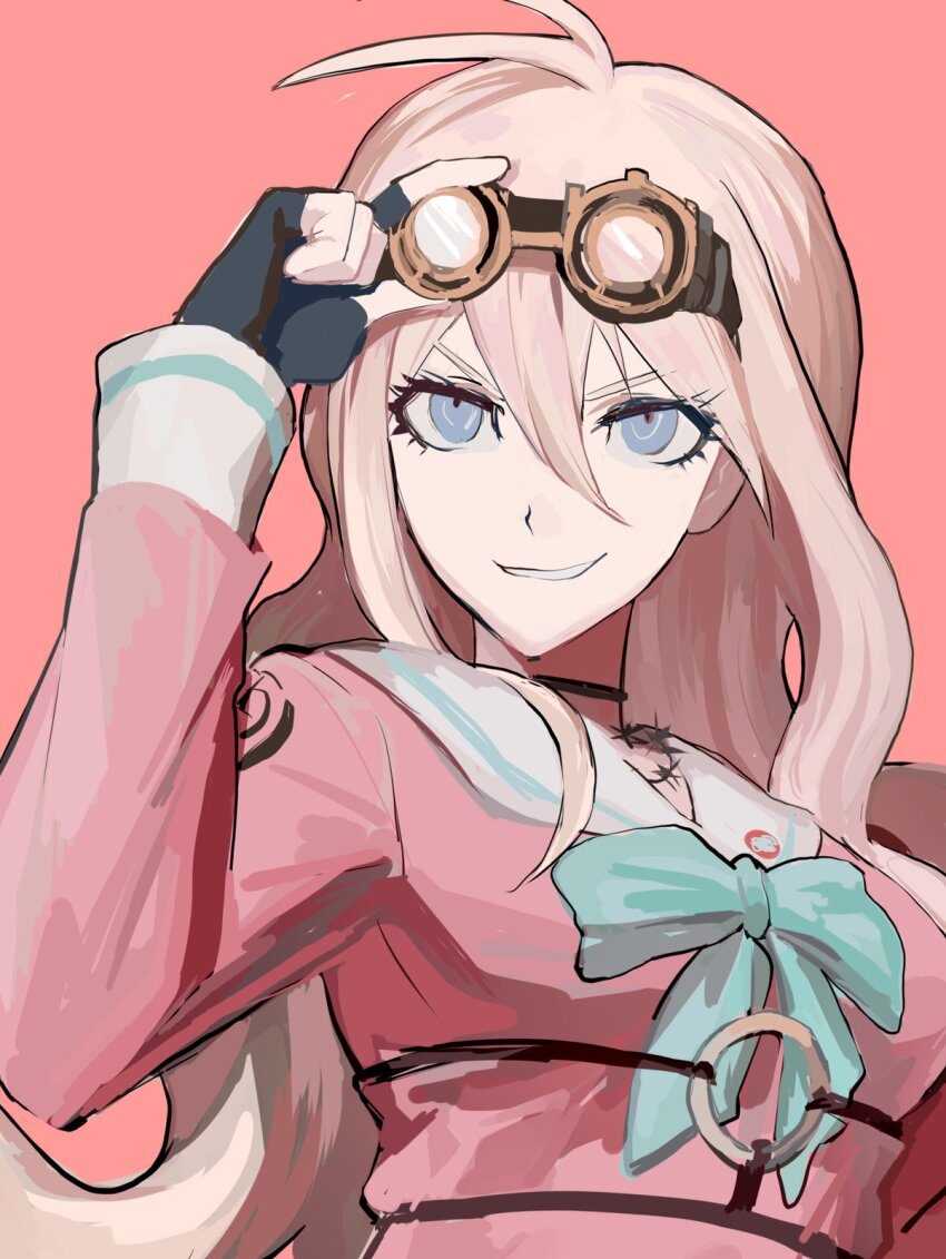 1girl adjusting_eyewear antenna_hair barbed_wire black_choker black_gloves blonde_hair blue_eyes bow bowknot_huhu choker danganronpa_(series) danganronpa_v3:_killing_harmony fingerless_gloves gloves goggles goggles_on_head green_bow grin hand_up highres iruma_miu o-ring pink_shirt sailor_collar shirt smile solo teeth