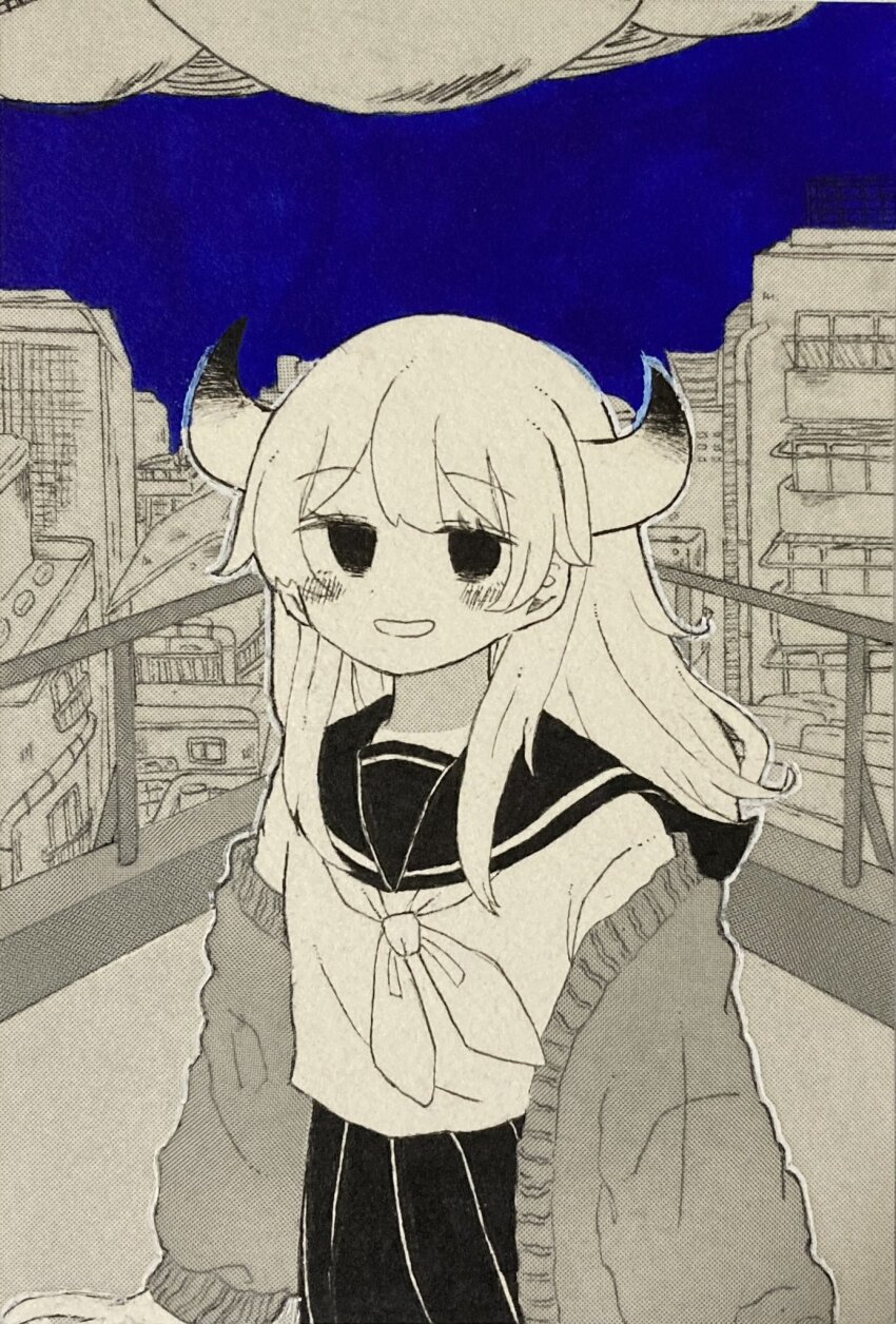 1girl black_eyes blue_background blue_sky cardigan cardigan_partially_removed cevio city commentary cowboy_shot empty_eyes english_commentary greyscale_with_colored_background half-closed_eyes highres horns inakichi isei_(iyowa) isei_ni_ikou_ne_(cevio) iyowa_girls long_hair long_sleeves looking_ahead neckerchief no_pupils on_rooftop open_cardigan open_clothes open_mouth outdoors pleated_skirt sailor_collar school_uniform serafuku skirt sky smile solo standing tentacle_arm tentacle_hands traditional_media