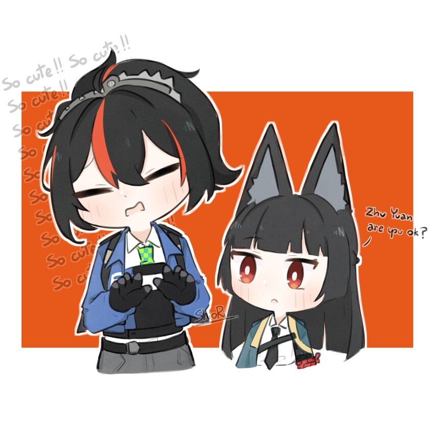 2girls animal_ear_fluff animal_ears black_gloves black_hair black_necktie blunt_bangs blush chibi closed_eyes english_text gloves highres hoshimi_miyabi long_hair looking_at_another multicolored_hair multiple_girls necktie open_mouth orange_hair police police_uniform policewoman red_eyes shiio_rii sidelocks streaked_hair two-tone_hair zenless_zone_zero zhu_yuan