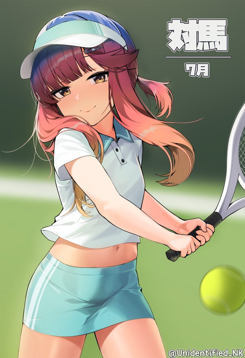 1girl alternate_costume ball blurry blurry_background gradient_hair highres holding holding_racket kantai_collection looking_at_viewer midriff miniskirt multicolored_hair navel orange_hair purple_eyes purple_hair racket shirt short_hair sidelocks skirt smile solo sportswear tennis tennis_ball tennis_racket tennis_skirt tennis_uniform tsushima_(kancolle) unidentified_nk visor_cap