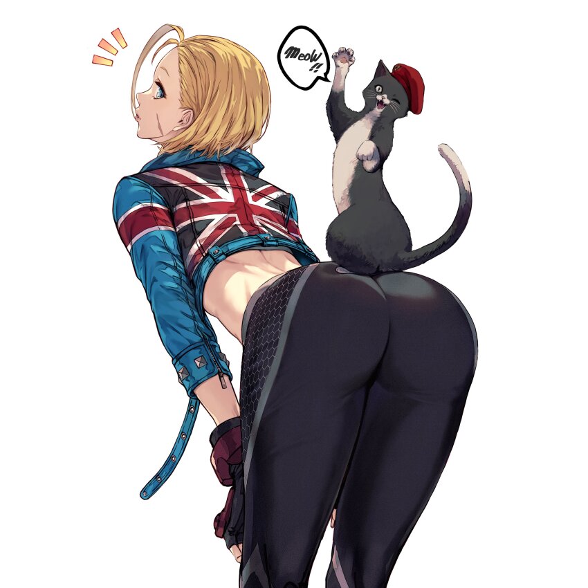 1girl absurdres ass bending beret black_sports_bra blonde_hair blue_eyes cammy_white capcom cat cat_on_ass cropped_jacket curious fingerless_gloves gloves hands_on_own_knees hat highres jacket leather leather_jacket looking_back meowing pants r1nzo red_hat scar scar_on_face short_hair solo sports_bra street_fighter street_fighter_6 tight_clothes tight_pants union_jack