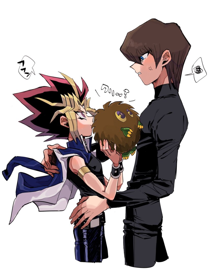 2boys armlet belt blue_eyes bracelet highres jewelry kaiba_seto kuriboh male_focus multiple_boys muto_yugi oikisama_nanda spiked_hair yami_yugi yu-gi-oh! yu-gi-oh!_duel_monsters