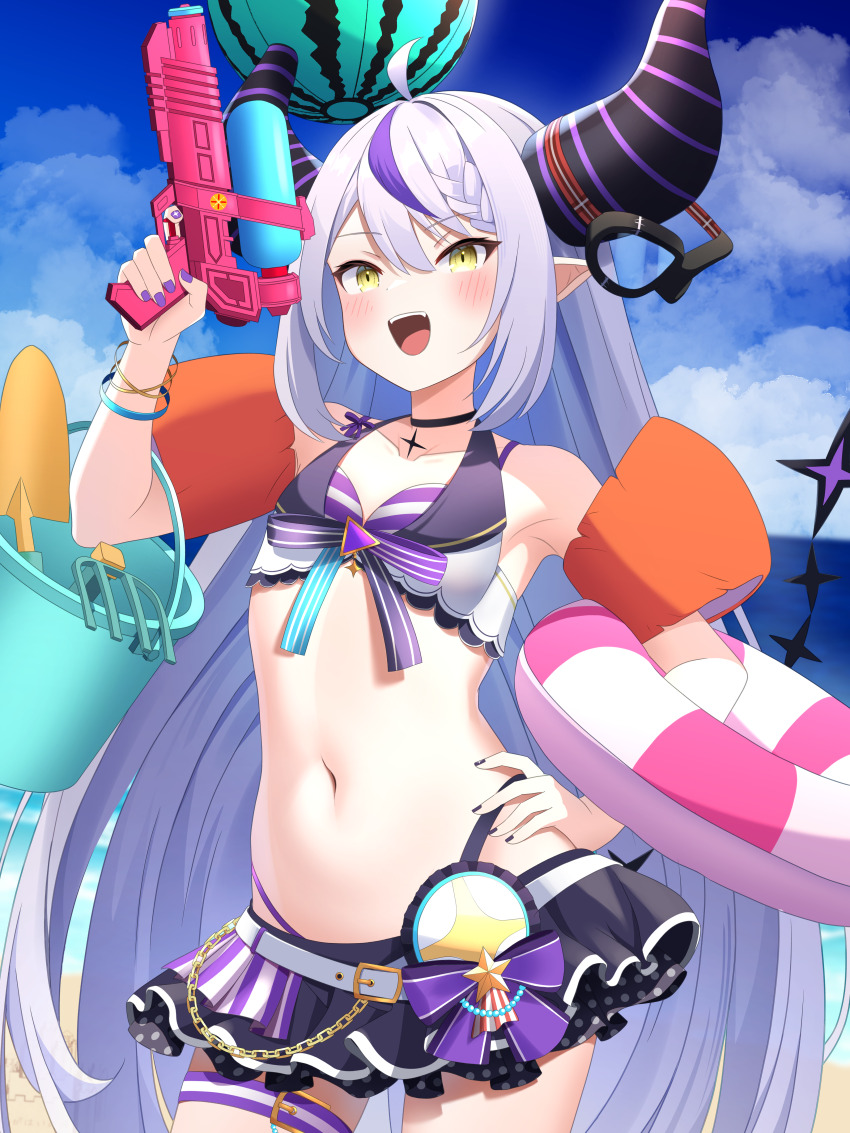 1girl absurdres ahoge bare_shoulders beach bikini bikini_skirt black_choker blue_skirt blush braid braided_bangs choker collarbone demon_girl demon_horns demon_tail finger_on_trigger front-tie_bikini_top front-tie_top grey_hair hair_between_eyes highleg highleg_bikini highres holding holding_water_gun hololive hololive_summer_2023_swimsuit horns kuchitani la+_darknesss layered_bikini long_hair looking_at_viewer microskirt multicolored_hair navel ocean official_alternate_costume open_mouth outdoors overskirt pleated_skirt pointy_ears purple_hair skirt smile solo streaked_hair striped_bikini striped_clothes striped_horns swimsuit tail thigh_strap very_long_hair virtual_youtuber water_gun white_bikini yellow_eyes