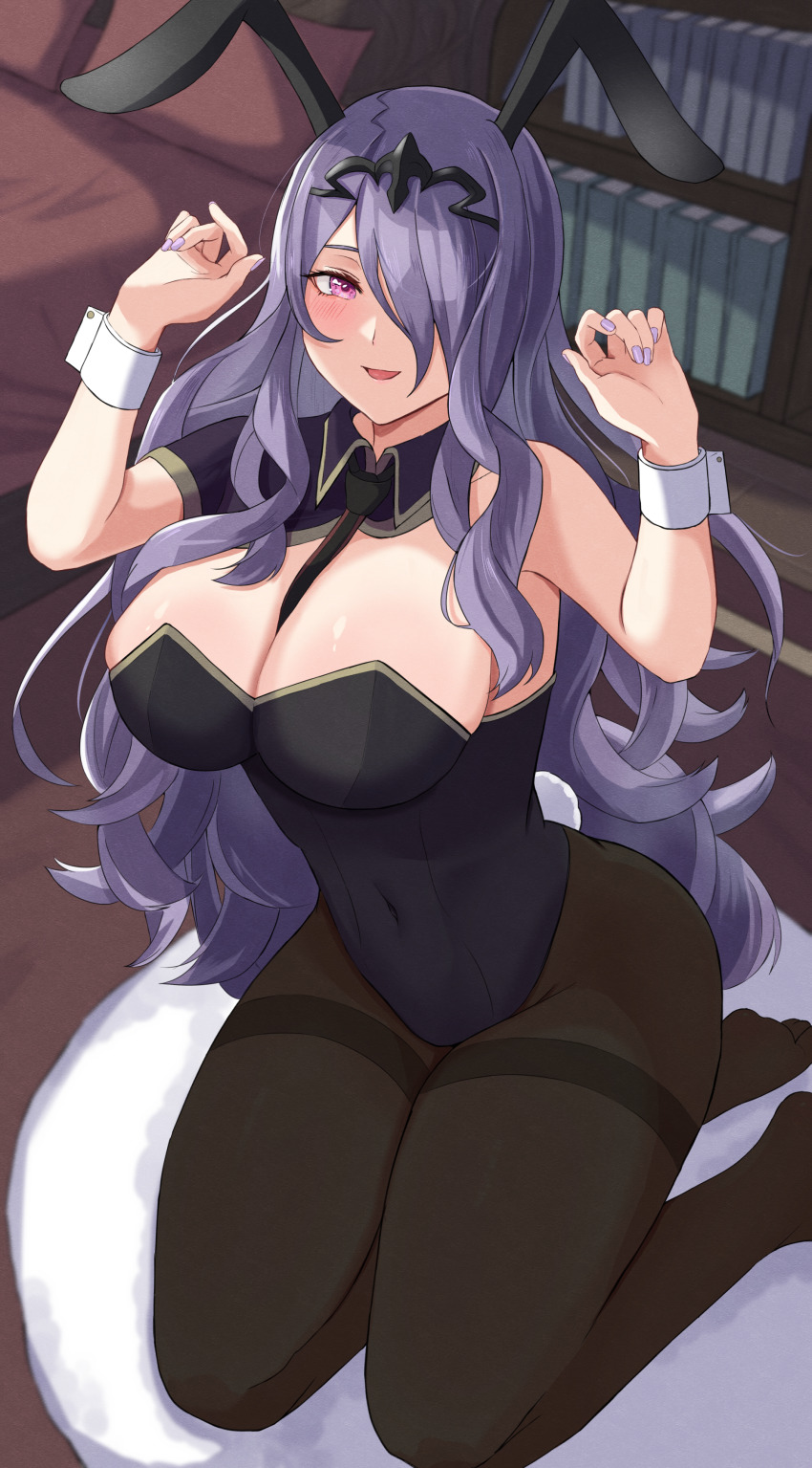 1girl absurdres animal_ears arms_up black_leotard breasts camilla_(fire_emblem) chinese_zodiac cleavage covered_navel detached_collar fake_animal_ears fake_tail female_focus fire_emblem fire_emblem_fates hair_over_one_eye highleg highleg_leotard highres kneeling large_breasts leotard long_hair nintendo open_mouth pantyhose peli_cantaro pink_eyes playboy_bunny purple_hair purple_nails rabbit_ears rabbit_tail smile solo strapless strapless_leotard tail thighband_pantyhose thighs wrist_cuffs year_of_the_rabbit