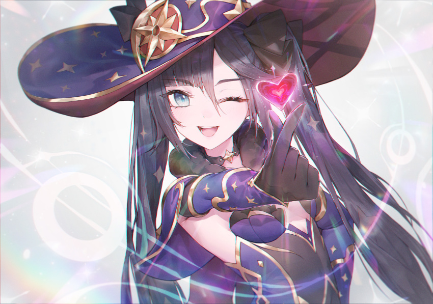 1girl ;d armpits black_choker black_gloves black_hair blue_eyes bow breasts choker detached_sleeves finger_heart genshin_impact gloves gold_trim hair_bow hat heart highres leotard long_hair long_sleeves looking_at_viewer mona_(genshin_impact) one_eye_closed open_mouth purple_leotard small_breasts smile solo ttutto twintails upper_body very_long_hair witch_hat