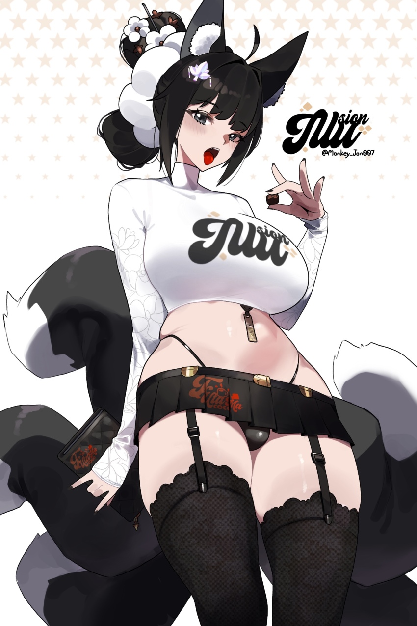 1futa ahoge animal_ear_fluff animal_ears arm_at_side artist_name bag black_garter_straps black_hair black_skirt black_tail black_thighhighs borrowed_character breasts chocolate clothes_writing commentary commission covered_penis english_commentary floral_print floral_print_shirt floral_print_thighhighs food fox_ears fox_girl fox_tail futanari garter_straps grey_eyes hair_bun hair_ornament hand_up handbag highres holding holding_bag holding_chocolate holding_food large_breasts leaf_hair_ornament long_sleeves looking_at_viewer medium_hair microskirt midriff monkey_jon multiple_tails open_mouth original panties panty_straps shirt sidelocks simple_background skindentation skirt solo standing star_(symbol) star_symbol_background tail teeth thick_thighs thighhighs thighs tongue tongue_out twitter_username two-tone_tail underwear upper_teeth_only white_background white_shirt white_tail yellow_star