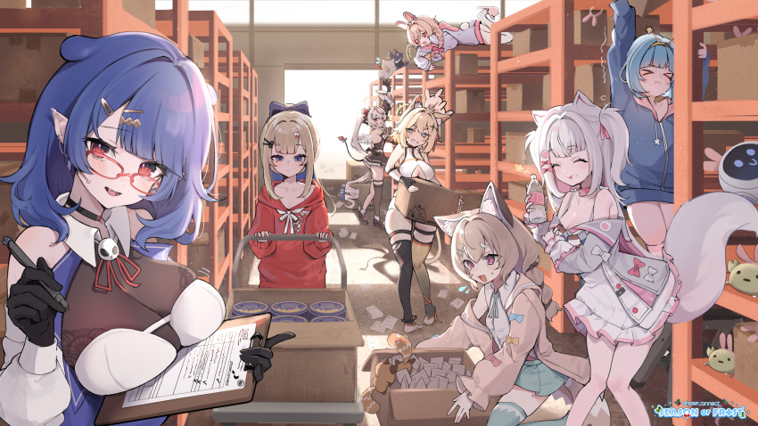 &gt;_&lt; 6+girls absurdres amanogawa_shiina amanogawa_shiina_(2nd_costume) animal_ear_fluff animal_ears artist_request black_gloves blonde_hair blue_hair blue_hoodie bottle box braid breasts brown_hair cleavage closed_eyes demon_tail dizzy_dokuro dog_ears dog_girl glasses gloves gram_pico grey_hair hair_ornament hairband hairclip highres holding holding_bottle holding_pen hood hood_down hoodie jelly_hoshiumi jelly_hoshiumi_(2nd_costume) kaneko_lumi kaneko_lumi_(3rd_costume) komachi_panko komachi_panko_(1st_costume) large_breasts logo multicolored_hair multiple_girls official_art open_box open_mouth pen phase_connect pink_eyes pink_hair pipkin_pippa pipkin_pippa_(1st_costume) pointy_ears rabbit_ears rabbit_girl red_eyes red_hair red_hoodie red_panda red_panda_ears red_panda_girl red_panda_tail remilia_nephys scissors_hair_ornament see-through_cleavage see-through_clothes star_hairband streaked_hair tail trembling virtual_youtuber warehouse window yellow_hairband