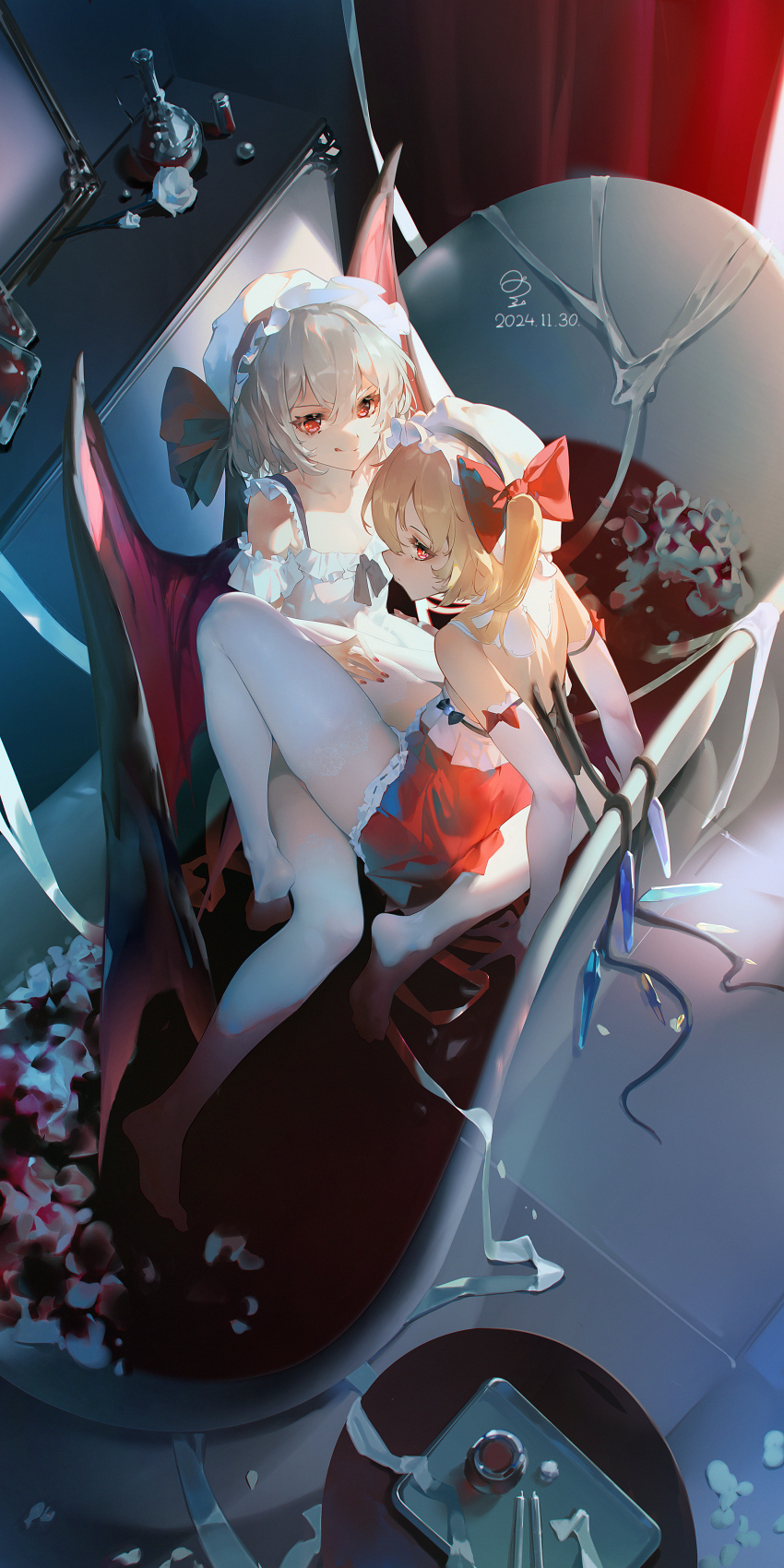 2girls :q absurdres bath bath_of_blood bathtub blonde_hair blood bow dress elbow_gloves flandre_scarlet from_above gloves grey_hair hair_bow highres multiple_girls no_shoes one_side_up red_dress red_eyes remilia_scarlet ribao shared_bathing thighhighs tongue tongue_out touhou white_dress white_gloves white_thighhighs wings