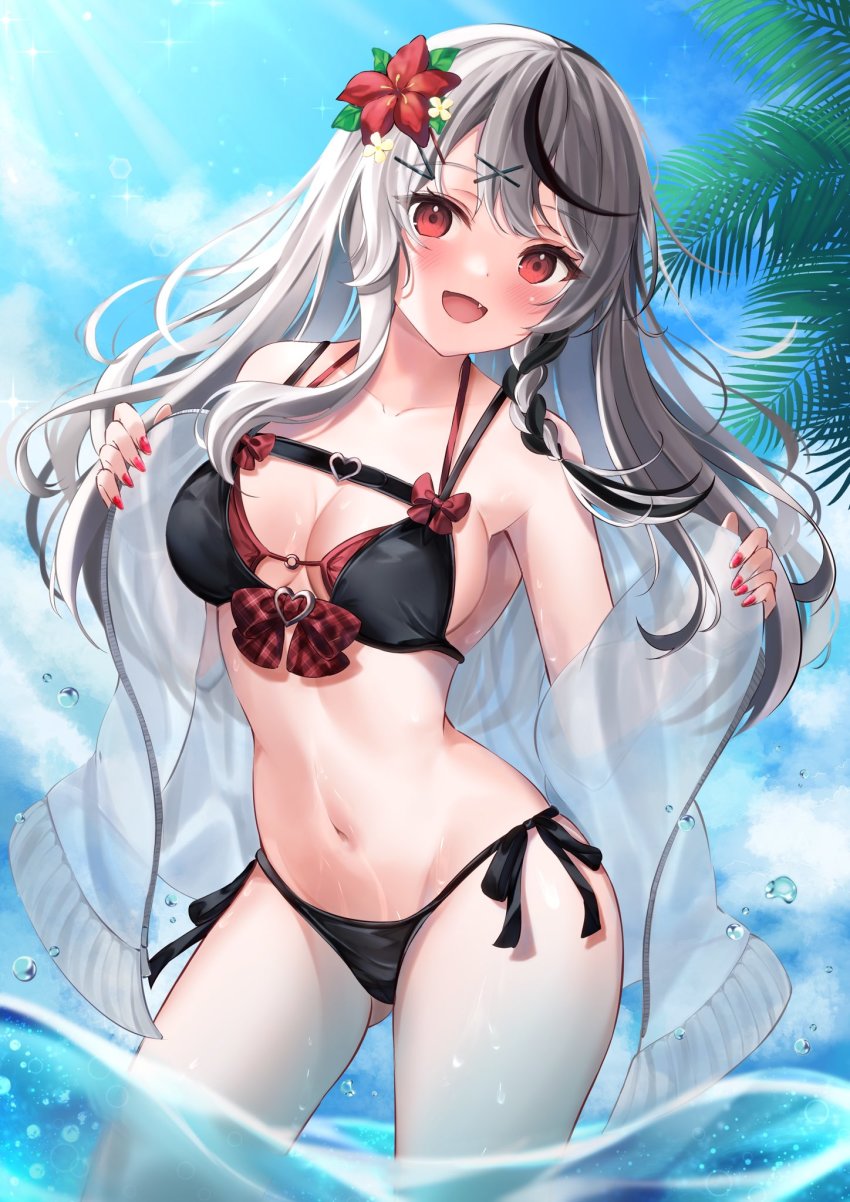 1girl bikini black_bikini black_hair blush braid breasts cleavage fang flower hair_flower hair_ornament highres hololive ibuki_sho large_breasts long_hair looking_at_viewer midriff multicolored_hair navel open_mouth red_eyes sakamata_chloe see-through_clothes smile solo streaked_hair string_bikini swimsuit virtual_youtuber x_hair_ornament