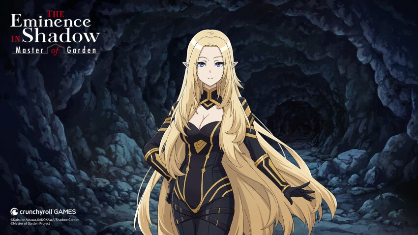 1girl alpha_(kage_no_jitsuryokusha_ni_naritakute!) artist_request black_bodysuit black_gloves blonde_hair blue_eyes bodysuit breasts cleavage cleavage_cutout closed_mouth clothing_cutout copyright_notice crunchyroll gloves highres kage_no_jitsuryokusha_ni_naritakute! kage_no_jitsuryokusha_ni_naritakute!_master_of_garden logo long_hair official_art pointy_ears smile solo underground