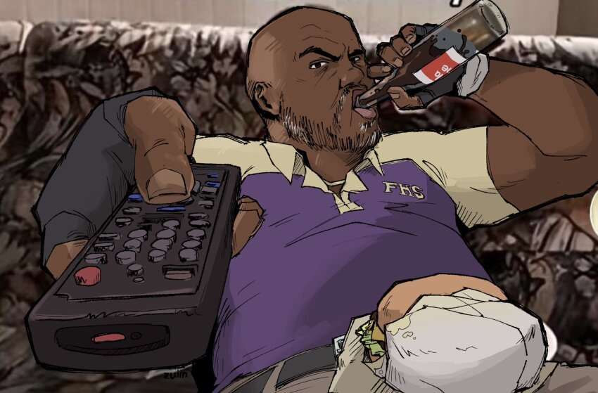 1boy aiming aiming_at_viewer arms_up artist_name bald beard belt black_eyes black_gloves bottle burger clothes_writing coach_(left_4_dead) cola collared_shirt couch dark-skinned_male dark_skin drink drinking facial_hair fingerless_gloves gloves grey_pants holding holding_bottle holding_drink holding_remote_control indoors leaning_back left_4_dead left_4_dead_2 looking_at_viewer male_focus on_couch outstretched_arm pants photo-referenced photo_background purple_shirt remote_control ren_(notzenren) shirt shirt_tucked_in short_sleeves signature soda_bottle solo two-tone_shirt v-shaped_eyebrows