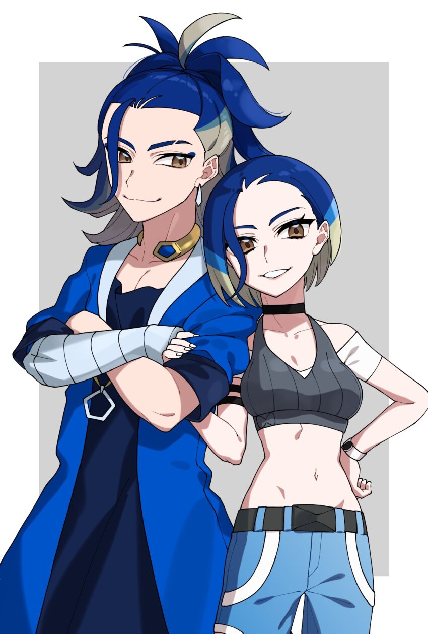 1boy 1girl adaman_(pokemon) ancestor_and_descendant bandaged_arm bandages belt black_belt black_choker blue_coat blue_eyeliner blue_hair blue_pants breasts brown_eyes choker closed_mouth coat collarbone creatures_(company) crossed_arms dark_blue_hair earrings eyeliner game_freak grey_hair grey_sports_bra grin hand_on_another&#039;s_arm hand_on_own_hip highres jewelry long_hair loose_hair_strand makeup medium_breasts multicolored_hair navel neck_ring nintendo nisanrei121 open_clothes open_coat pants pectoral_cleavage pectorals perrin_(pokemon) pokemon pokemon_legends:_arceus pokemon_sv short_hair smile sports_bra